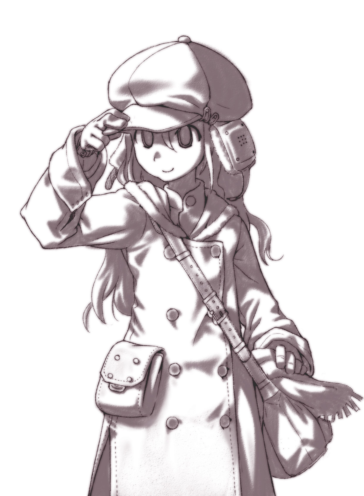 original, commentary request, highres, 1girl, adjusting clothes, adjusting headwear, bag, coat, cowboy shot, deerstalker, gloves, greyscale, hama (hammar), hat, looking to the side, monochrome, pouch, smile, solo