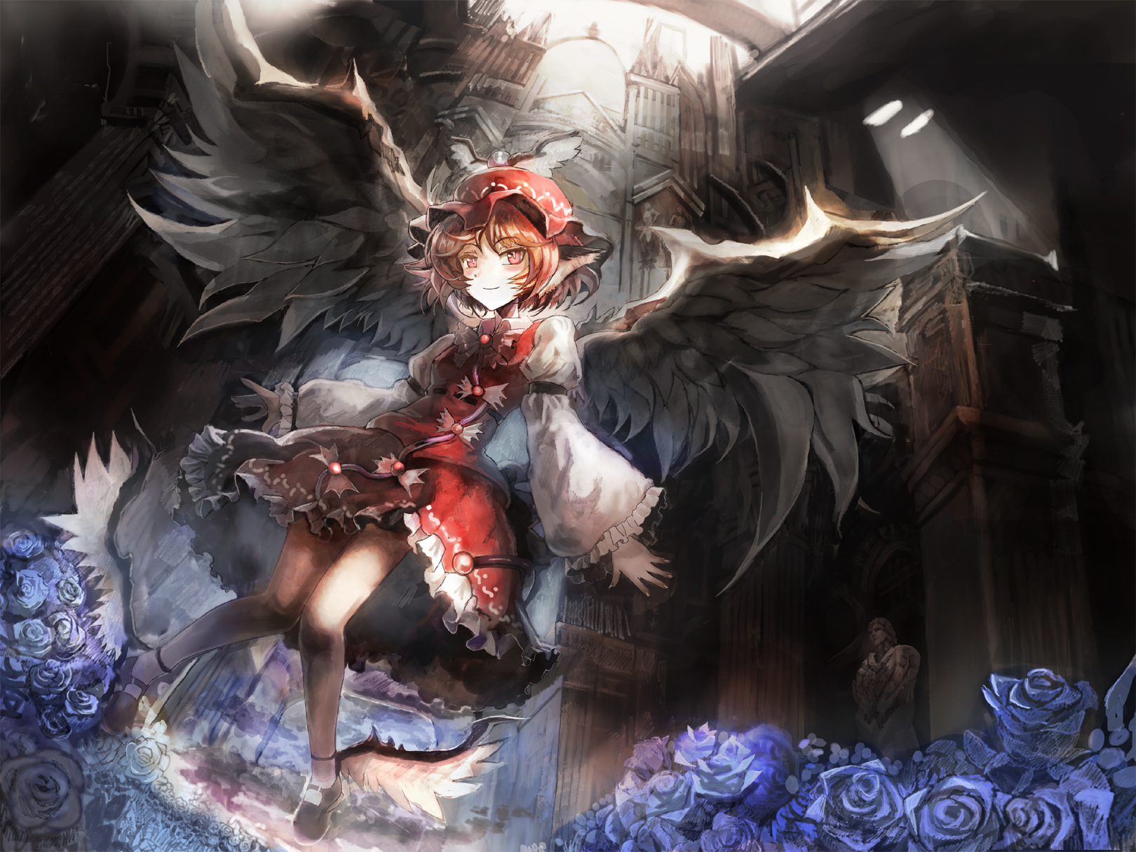 asuka shirou, mystia lorelei, touhou, highres, 1girl, alternate hair color, animal ears, anklet, arm garter, bird, black wings, blue flower, blue rose, blush, bonnet, bow, bowtie, brown hair, closed mouth, dutch angle, female focus, fingernails, flower, flying, hat, jewelry, knees together feet apart, looking at viewer, pink eyes, pink hair, puffy sleeves, rose, short hair, skirt, smile, solo, solo focus, vest, wings