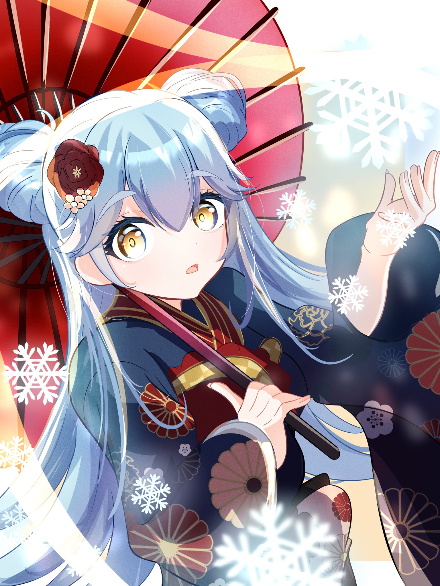 shine post, commentary request, highres, 1girl, aqua hair, double bun, floral print, floral print kimono, flower, hair bun, hair flower, hair ornament, hirose miina, holding, holding umbrella, japanese clothes, kimono, long hair, looking at viewer, oil-paper umbrella, open mouth, print kimono, snowflakes, solo, thanatos flag, umbrella, yellow eyes