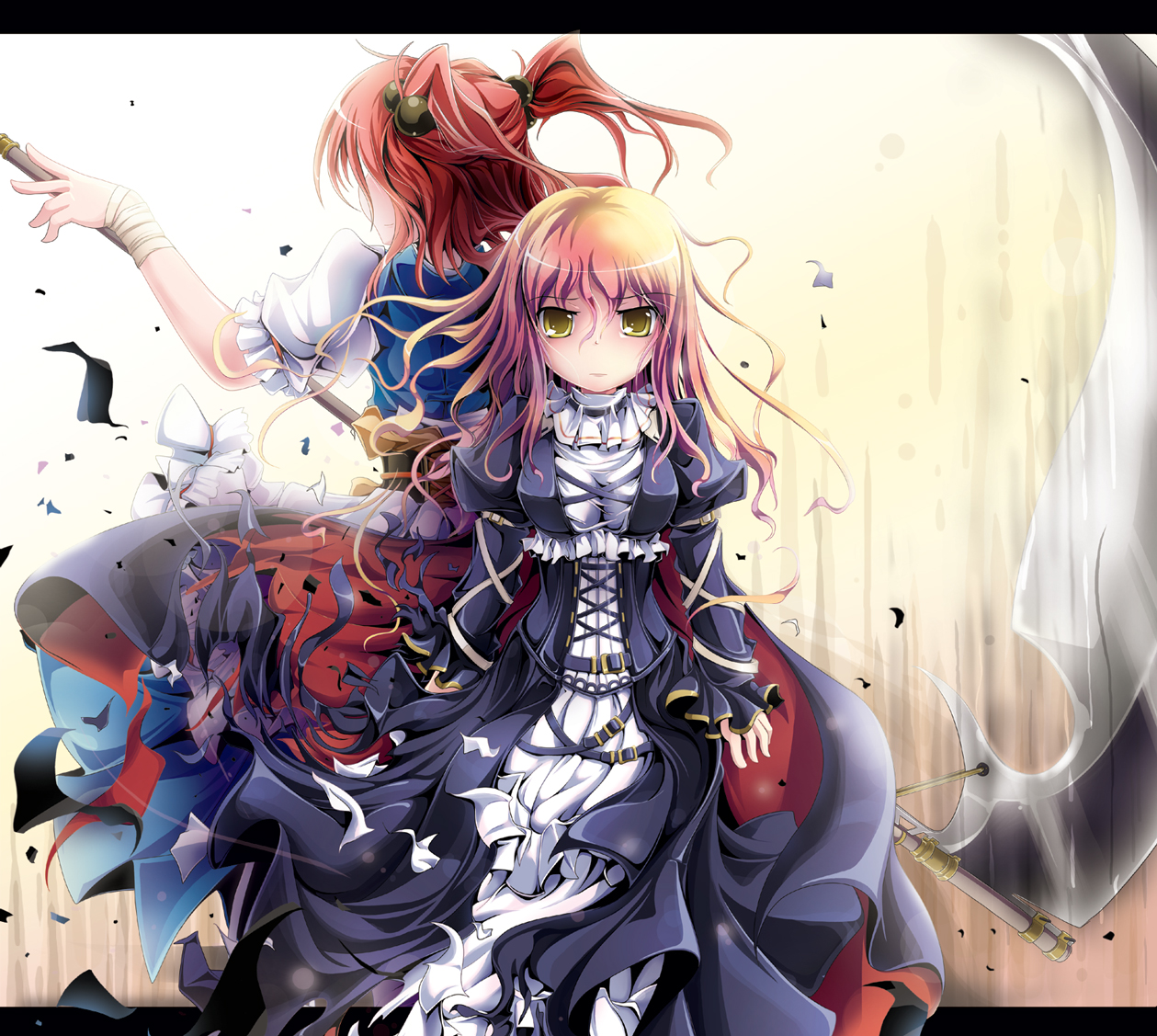 ichirino minagi, hijiri byakuren, onozuka komachi, touhou, 2girls, alternate weapon, cape, dress, female focus, gradient hair, hair bobbles, hair ornament, letterboxed, long hair, multicolored hair, multiple girls, red hair, scythe, short hair, twintails, two side up, weapon, yellow eyes