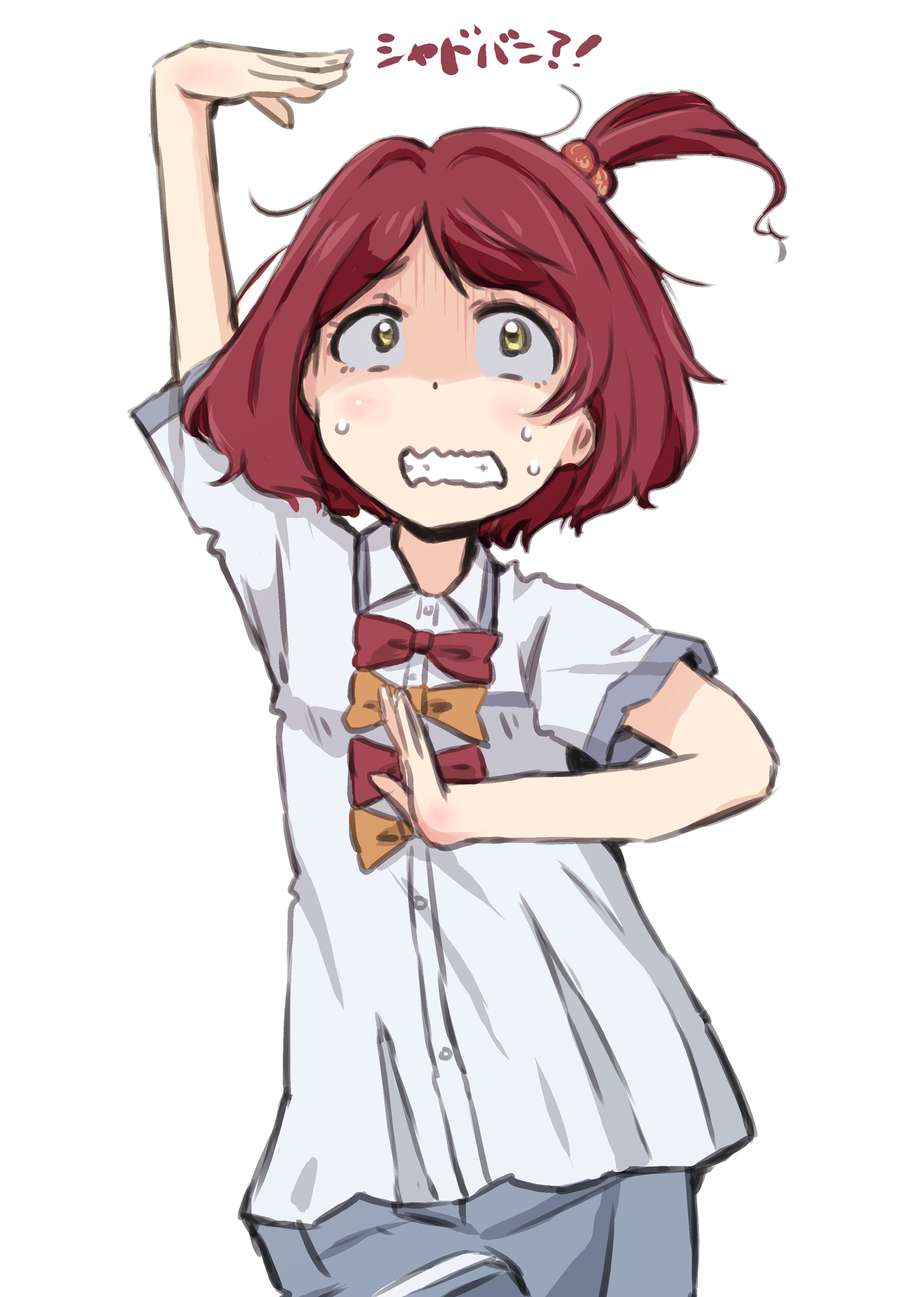 maruyo, komari chika, make heroine ga oo sugiru!, osomatsu (series), absurdres, commentary request, highres, 1girl, arm up, bow, bowtie, clenched teeth, clothes lift, dress, dress lift, grey skirt, hair bobbles, hair ornament, orange bow, orange bowtie, parody, red bow, red bowtie, red hair, school uniform, sheeeh!, short hair, skirt, solo, summer uniform, teeth, tsuwabuki high school uniform, yellow eyes