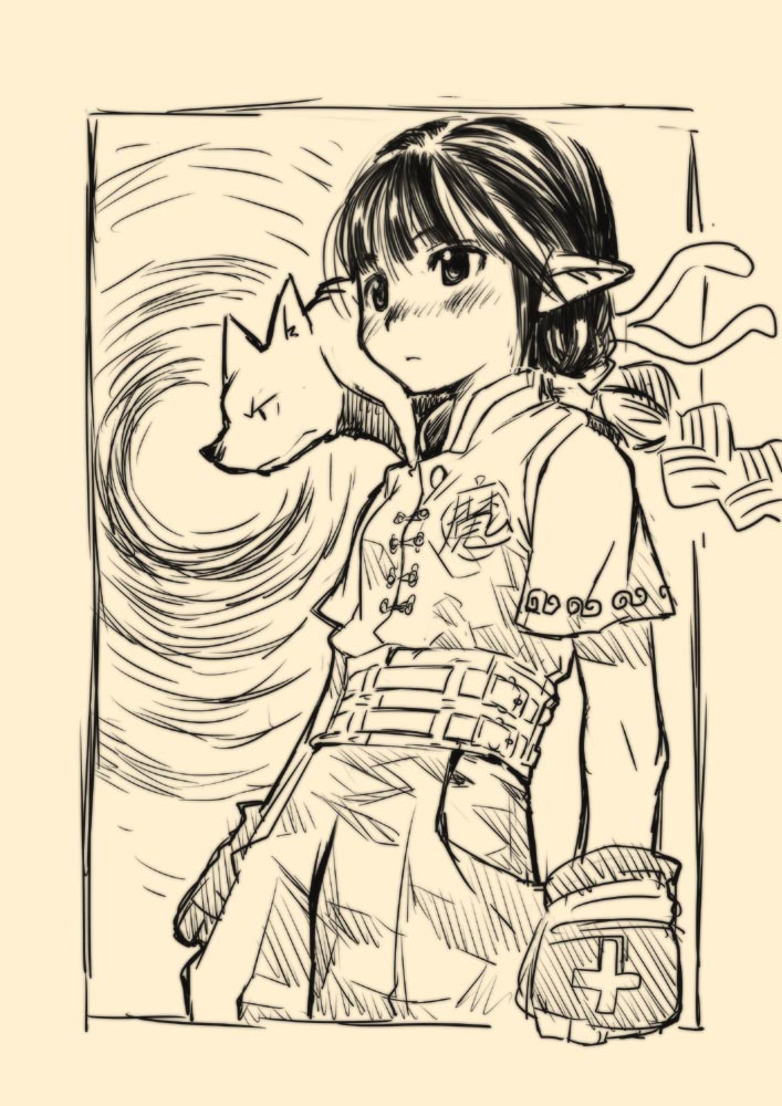 original, commentary request, 1girl, animal, animal on shoulder, blush, braid, chinese clothes, cowboy shot, expressionless, fingerless gloves, fox, gloves, greyscale, hama (hammar), hatching (texture), long hair, monochrome, multiple tails, pointy ears, single braid, sketch, tail