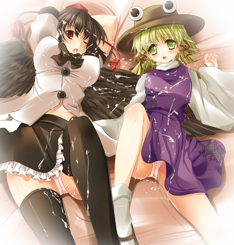 maki (seventh heaven maxion), moriya suwako, shameimaru aya, touhou, 2girls, cum, cum on body, cum on clothes, cum on hair, facial, hat, multiple girls, panties, thighhighs, underwear
