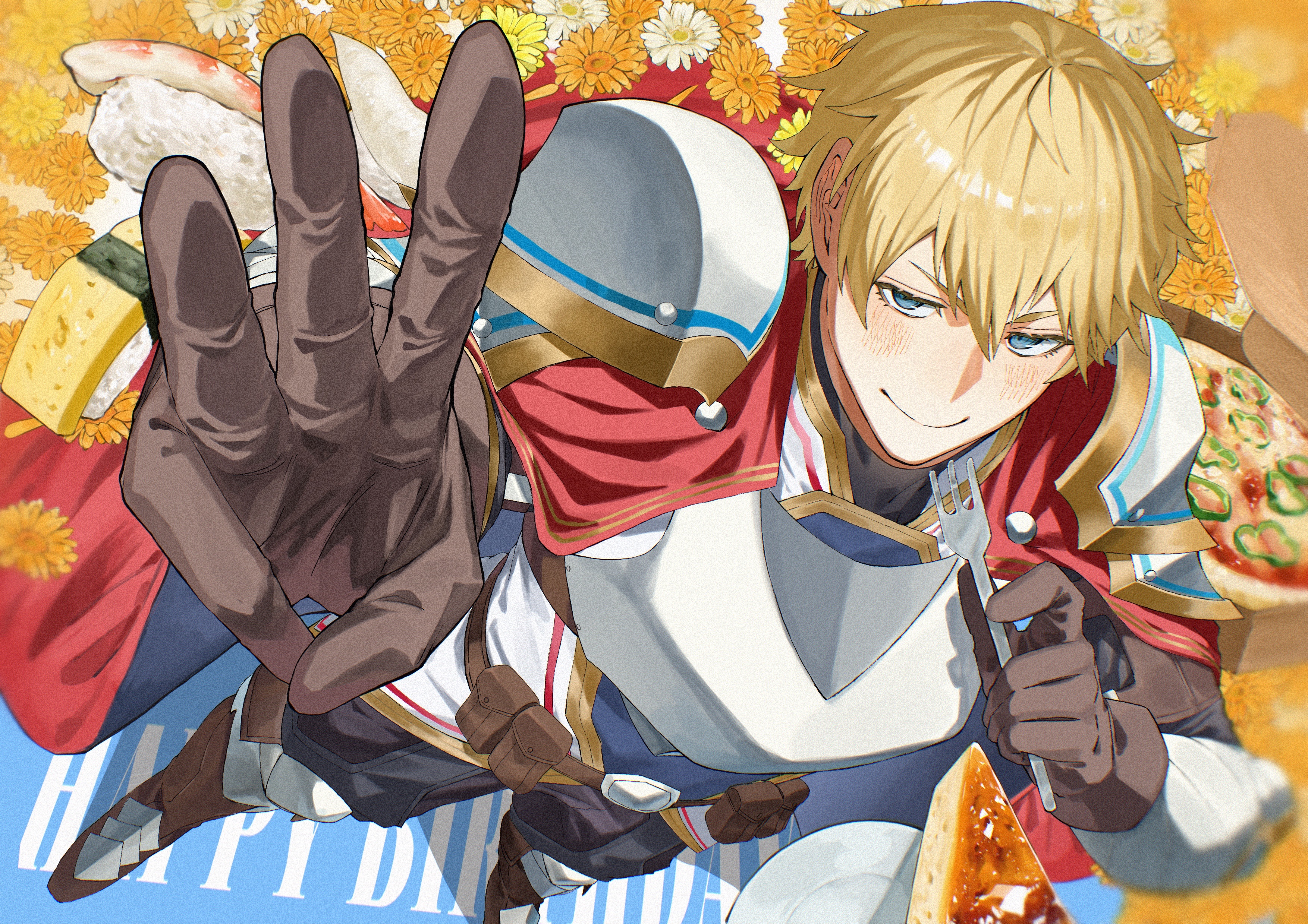 yanatsu (sitomotu), ex albio, ex albio (1st costume), nijisanji, absurdres, commentary request, highres, 1boy, armor, blonde hair, blue eyes, blush, brown gloves, closed mouth, flower, food, fork, from above, gloves, holding, holding fork, looking at viewer, male focus, pizza, plate armor, solo, standing, sushi, virtual youtuber