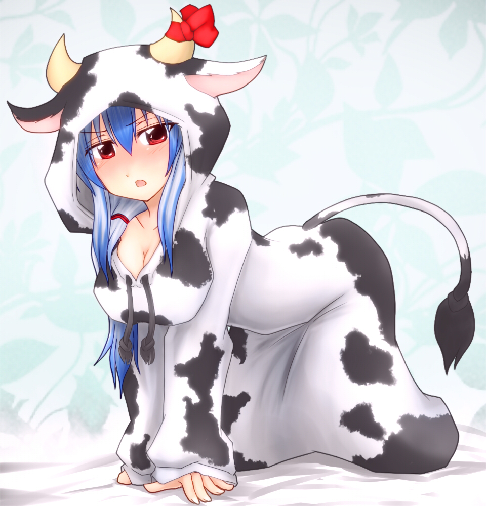 netachou, ex-keine, kamishirasawa keine, touhou, 1girl, all fours, animal costume, animal print, breasts, cleavage, cow costume, cow print, female focus, horns, large breasts, long hair, red eyes, ribbon, solo