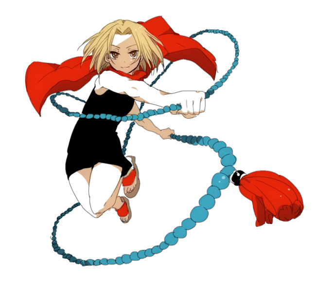 tomo (sjim), kyouyama anna, shaman king, bad id, bad pixiv id, 1girl, bare shoulders, blonde hair, brown eyes, dress, female focus, full body, jewelry, jumping, sandals, scarf, short hair, simple background, sleeveless, solo, white background