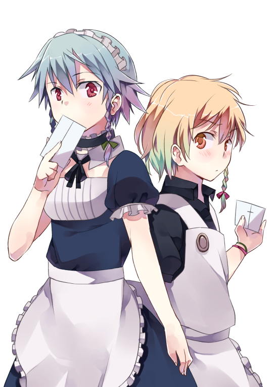 kimino tomonari, izayoi sakuya, kirisame marisa, touhou, silver hair, bad id, bad pixiv id, 2girls, alternate costume, blonde hair, blush, braid, female focus, letter, multiple girls, short hair, twin braids