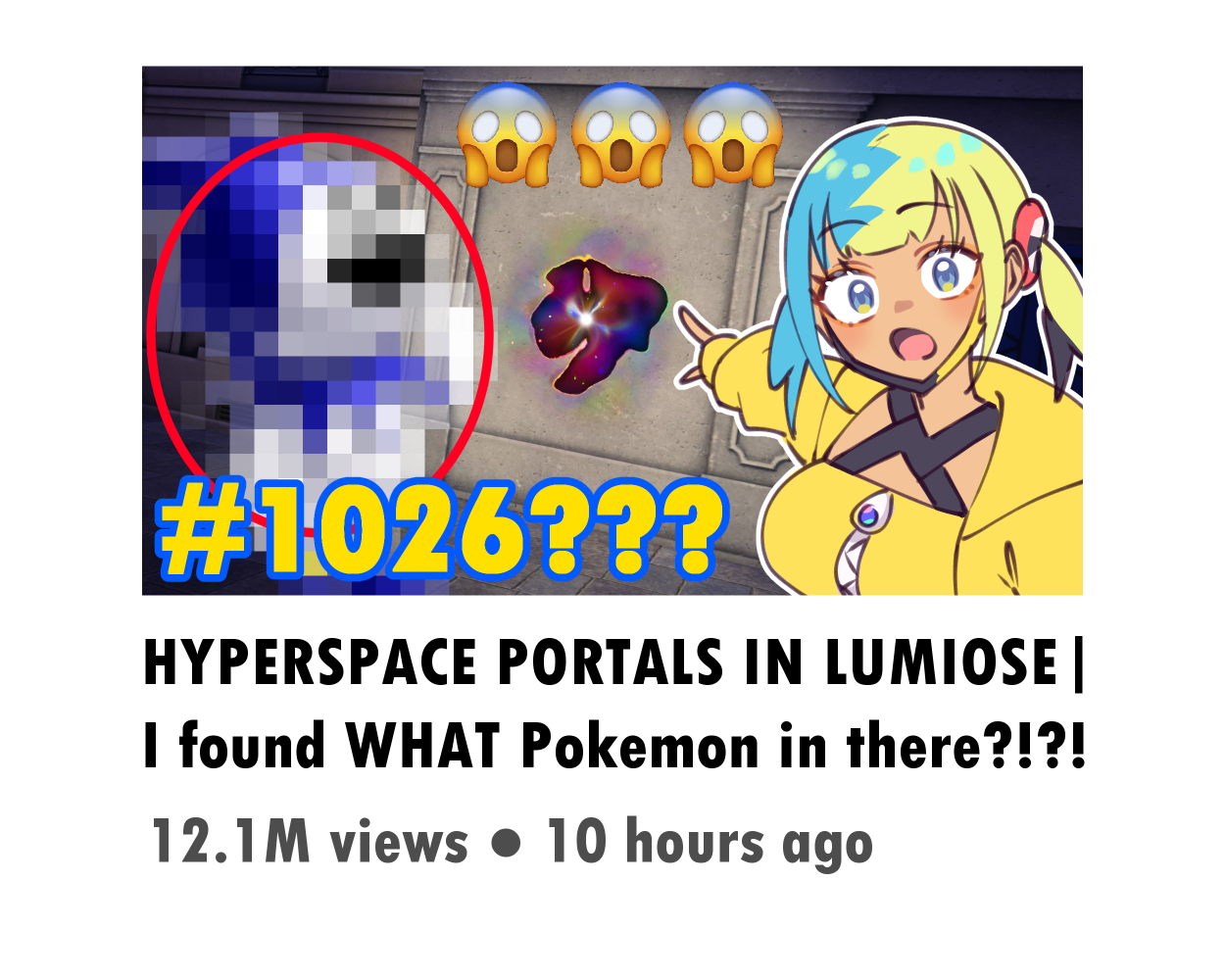 sher (imnotsher), canari (pokemon), nintendo, pokemon, pokemon legends: z-a, commentary, 1girl, :o, bandeau, blue eyes, censored, clickbait, emoji, english text, eyelashes, fake video, hood, hood down, hooded jacket, jacket, looking at viewer, meme, mosaic censoring, multicolored hair, open mouth, outline, oval, pointing, portal (object), surprised, twintails, two soyjaks pointing (meme), yellow bandeau, yellow jacket, zipper, zipper pull tab