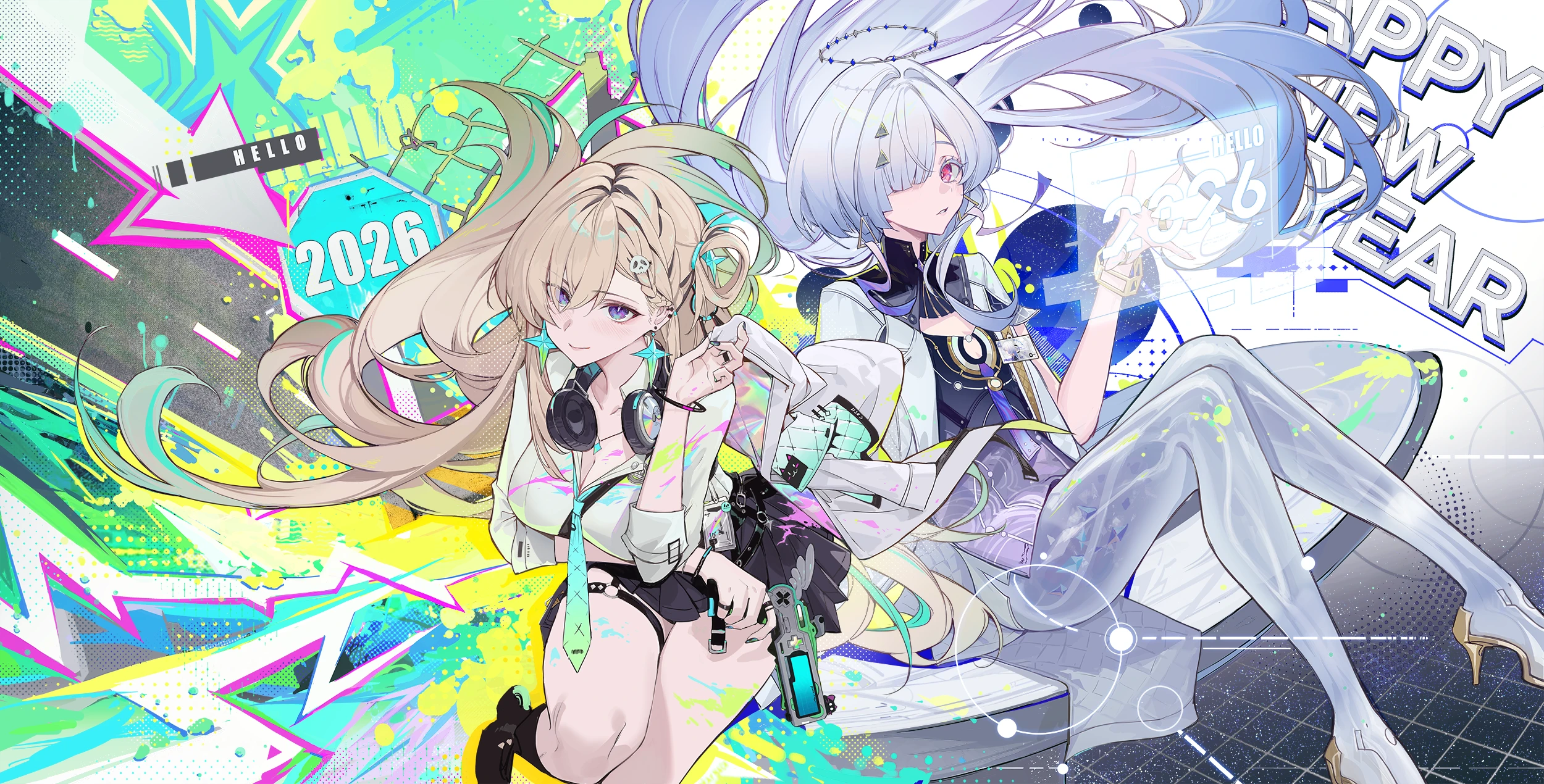 kuroduki, lynae (wuthering waves), mornye (wuthering waves), wuthering waves, chinese commentary, commentary request, highres, official art, 2026, 2girls, black skirt, blonde hair, blue eyes, breasts, closed mouth, colored eyelashes, dress, earrings, english text, grey hair, hair intakes, hair ornament, halo, happy new year, headphones, headphones around neck, holding, holographic interface, jacket, jewelry, large breasts, long hair, looking at viewer, multiple girls, new year, parted lips, purple dress, red eyes, see-through body, shirt, skirt, skull hair ornament, smile, star (symbol), star earrings, white jacket, white shirt