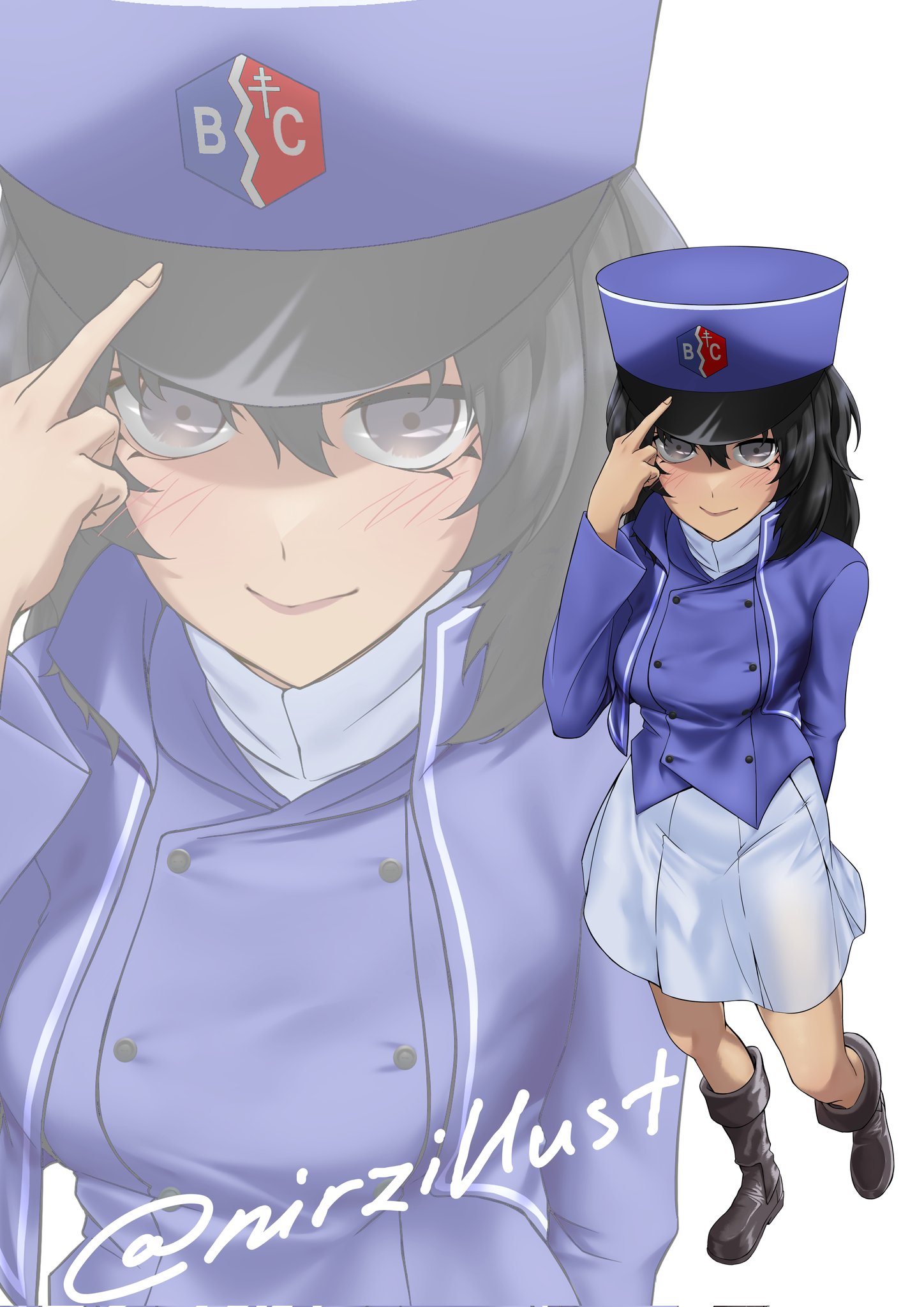 andou (girls und panzer), girls und panzer, commentary, hashtag-only commentary, highres, 1girl, arm behind back, arm up, bc freedom (emblem), bc freedom military uniform, black hair, blue eyes, blue jacket, blush, boots, breasts, brown boots, buttons, double-breasted, emblem, hair between eyes, hat, jacket, knee boots, large breasts, looking at another, middle finger, military, military uniform, nirzillust, shako cap, shirt, skirt, smile, solo, twitter username, white background, white shirt, white skirt, zoom layer
