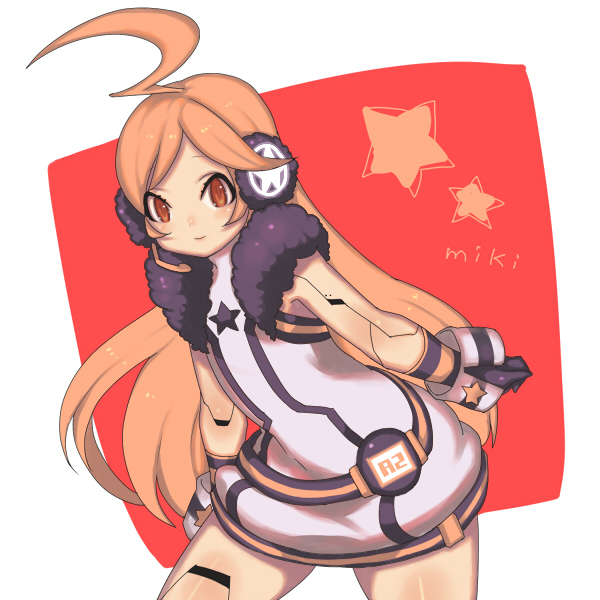 yowapoo, sf-a2 miki, vocaloid, bad id, bad pixiv id, 1girl, ahoge, android, belt, dress, female focus, gloves, headphones, headset, joints, long hair, red eyes, red hair, robot joints, solo, very long hair, wrist cuffs