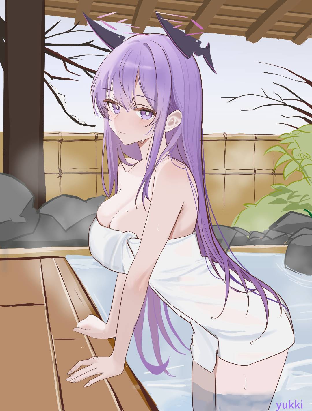 yukki83130530, utaha (blue archive), blue archive, commentary, highres, 1girl, arm support, artist name, breasts, bright pupils, cleavage, halo, large breasts, leaning forward, light smile, long hair, looking at viewer, naked towel, onsen, purple eyes, purple hair, solo, steam, straight hair, thighs, towel, very long hair, wading, white pupils, wooden wall