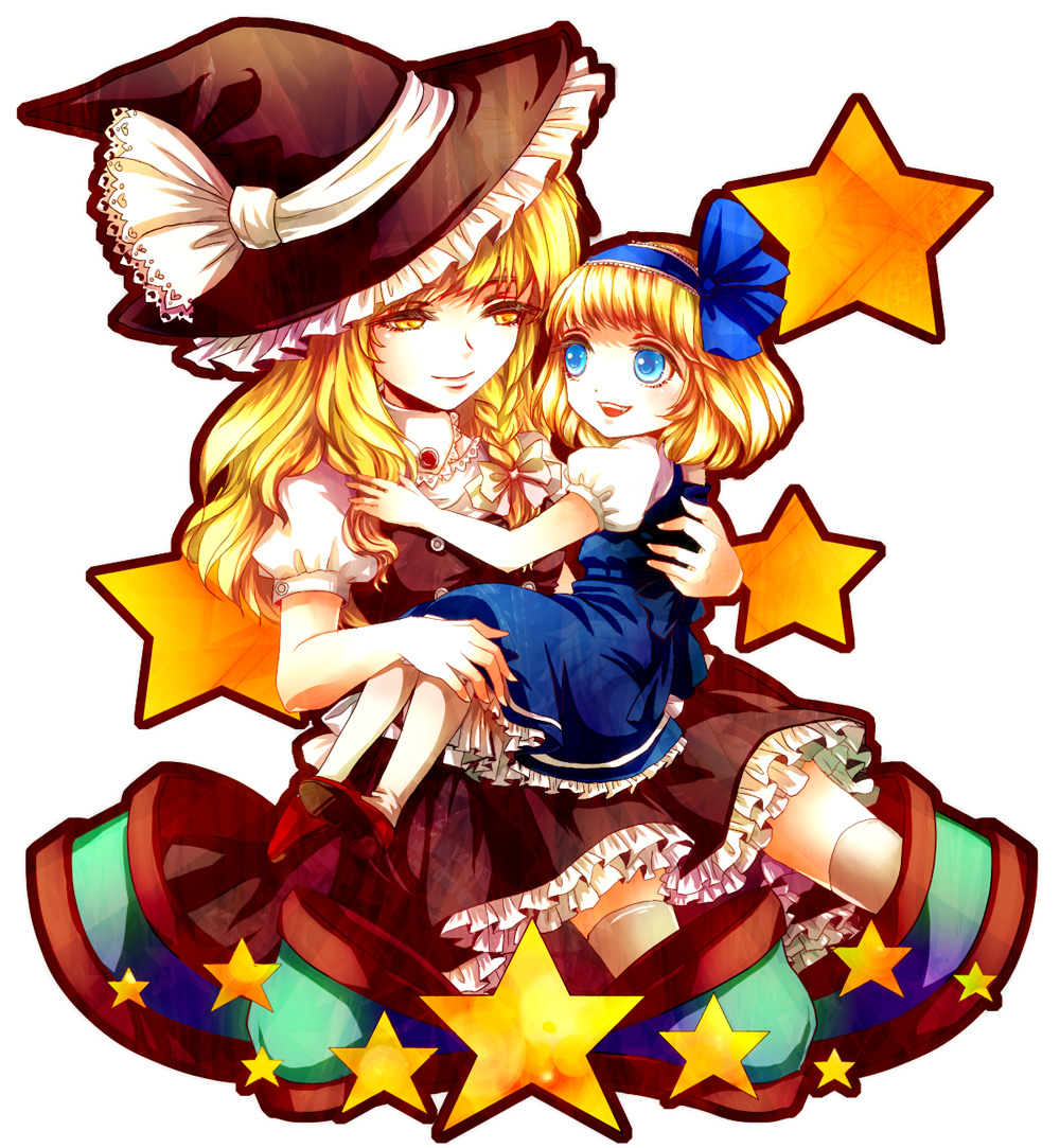 awa toka, alice margatroid, alice margatroid (pc-98), kirisame marisa, mystic square, touhou, touhou (pc-98), bad id, bad pixiv id, 2girls, blonde hair, blue eyes, braid, child, female focus, hairband, hat, long hair, multiple girls, short hair, thighhighs, yellow eyes