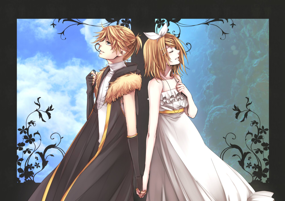 suzunosuke (sagula), kagamine len, kagamine rin, synchronicity (vocaloid), vocaloid, bad id, bad pixiv id, 1boy, 1girl, aqua eyes, blonde hair, brother and sister, closed eyes, coat, dress, fantasy, fingerless gloves, gloves, hair ornament, hair ribbon, hairclip, hetero, holding hands, jewelry, medieval, necklace, ribbon, short hair, siblings, smile, twins, white dress