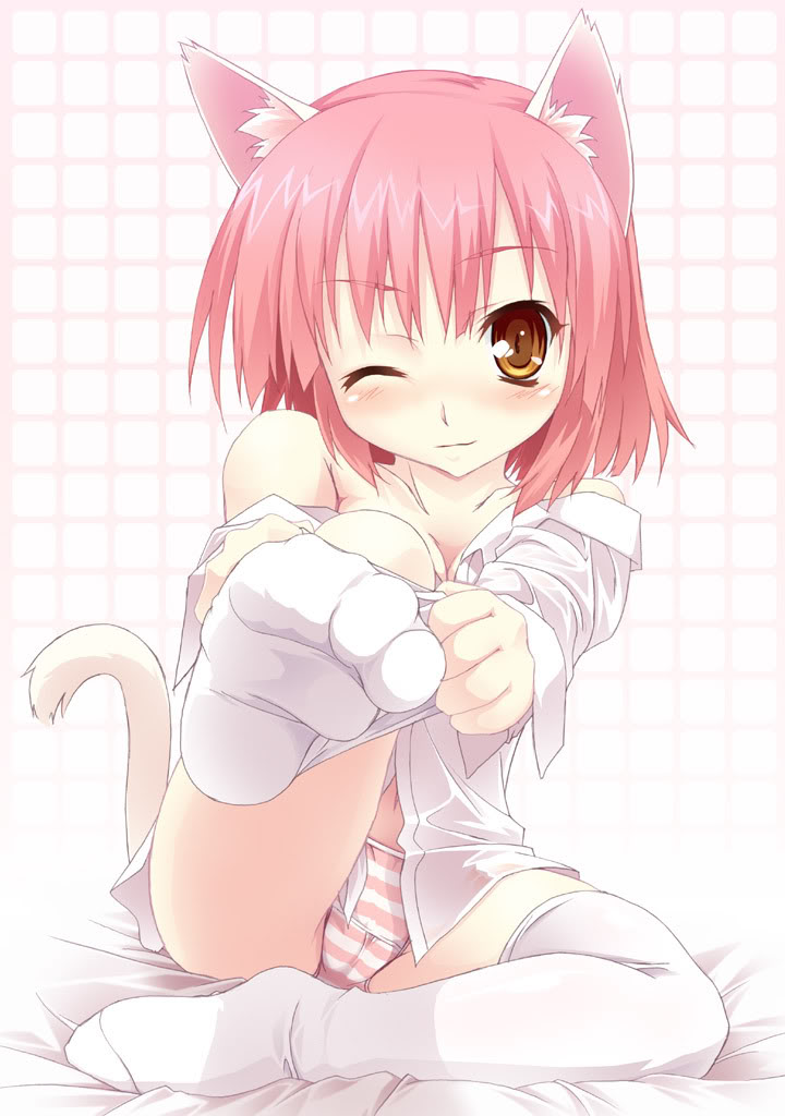 yamano sachi, foot up, 1girl, animal ears, bed sheet, blush, cameltoe, cat ears, cat tail, dress shirt, dressing, feet, female focus, foot focus, foreshortening, no pants, off shoulder, one eye closed, panties, pink hair, shirt, short hair, smile, sock pull, socks, soles, solo, striped clothes, striped panties, tail, thighhighs, unbuttoned, underwear, white background, wink, yellow eyes