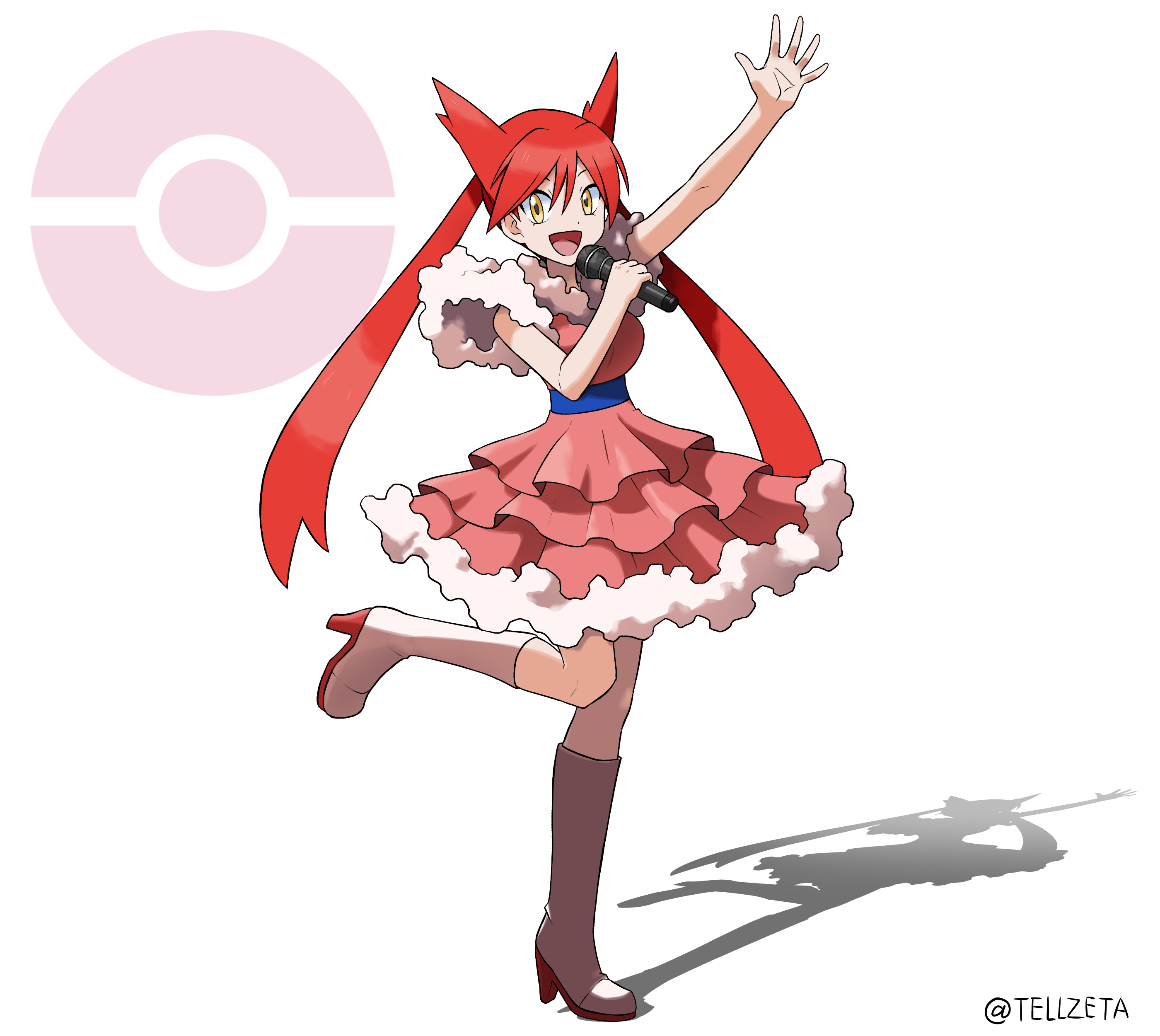 tellzeta, latias, latias (human) (pokemon adventures), nintendo, pokemon, pokemon adventures, absurdres, commentary request, commission, highres, skeb commission, 1girl, :d, arm up, boots, dress, full body, gen 3 pokemon, hair between eyes, happy, holding, holding microphone, knee boots, leg up, legendary pokemon, long hair, looking at viewer, microphone, open mouth, pink dress, poke ball symbol, red hair, short sleeves, smile, solo, spread fingers, standing, standing on one leg, twintails, white background, yellow eyes