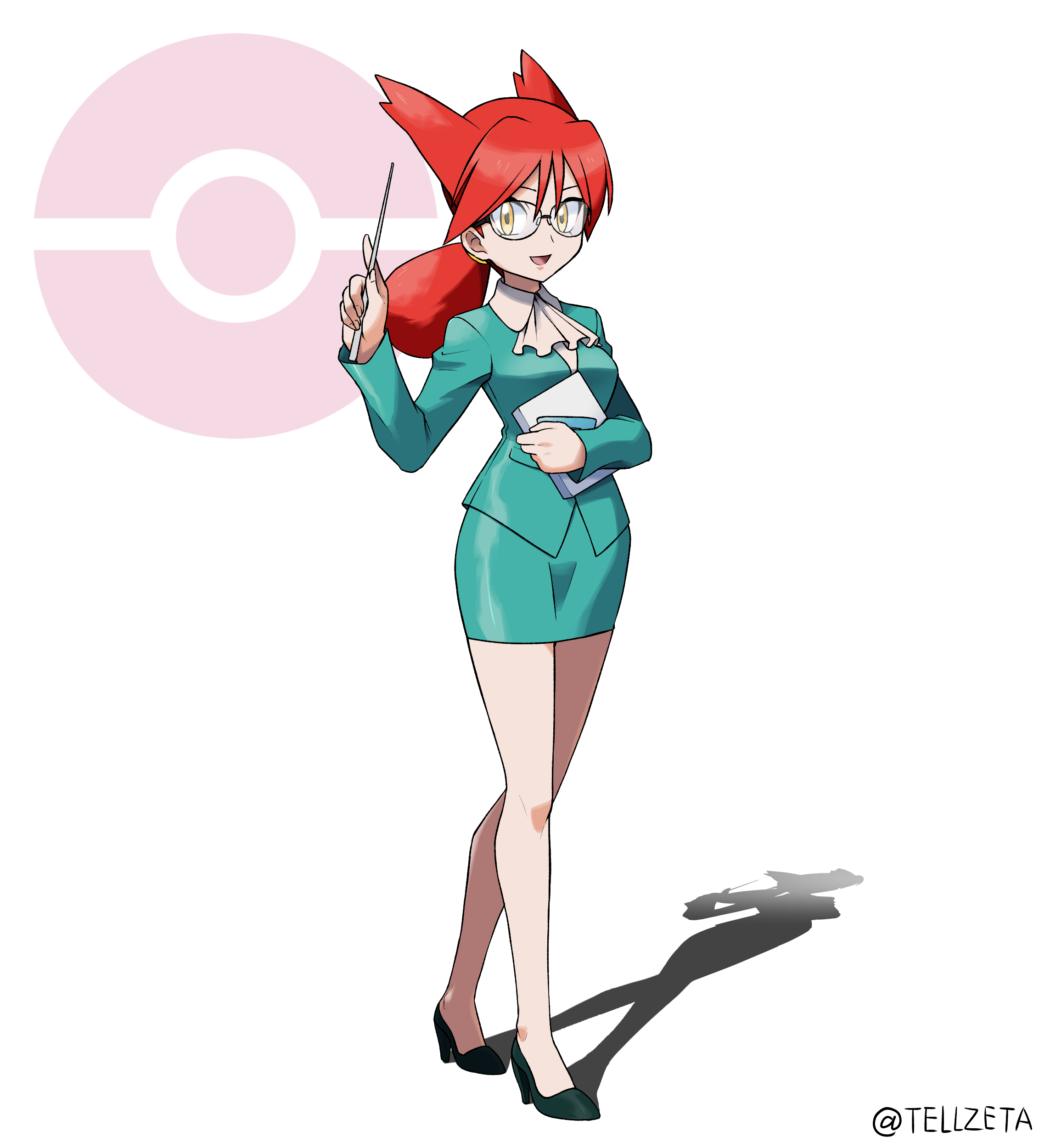 tellzeta, latias, latias (human) (pokemon adventures), nintendo, pokemon, pokemon adventures, absurdres, commentary request, commission, highres, skeb commission, 1girl, :d, ascot, black-framed eyewear, black shoes, formal clothes, full body, gen 3 pokemon, glasses, green jacket, green skirt, holding, holding pointer, jacket, knees, legendary pokemon, long hair, long sleeves, open mouth, pointer, poke ball symbol, ponytail, red hair, shoes, skirt, smile, solo, standing, white ascot, white background, yellow eyes