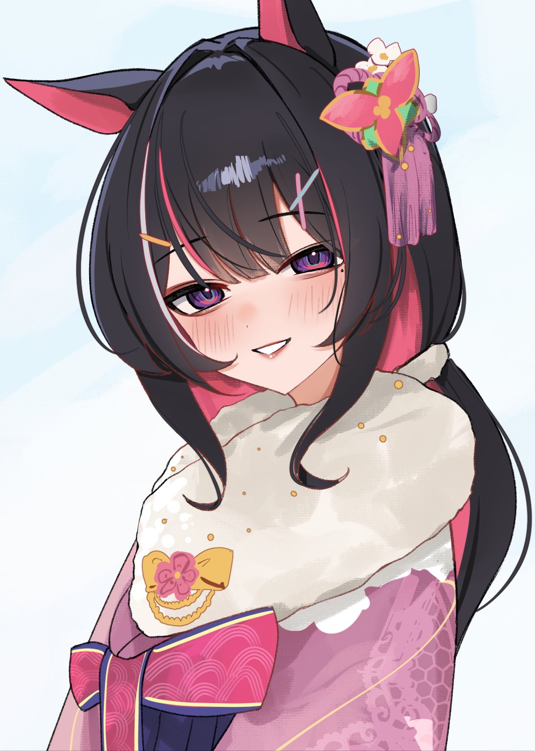 rifufu, azki (hololive), azki (new year) (hololive), hololive, commentary request, highres, 1girl, animal ears, black hair, blue hakama, colored inner hair, floral print, floral print kimono, fur shawl, grin, hair ornament, hakama, hakama skirt, horse ears, japanese clothes, kanzashi, kimono, long hair, looking at viewer, low ponytail, mole, mole under eye, multicolored hair, official alternate costume, pink hair, pink kimono, pink streaks, ponytail, print kimono, purple eyes, shawl, simple background, skirt, smile, solo, upper body, virtual youtuber, white background, white streaks