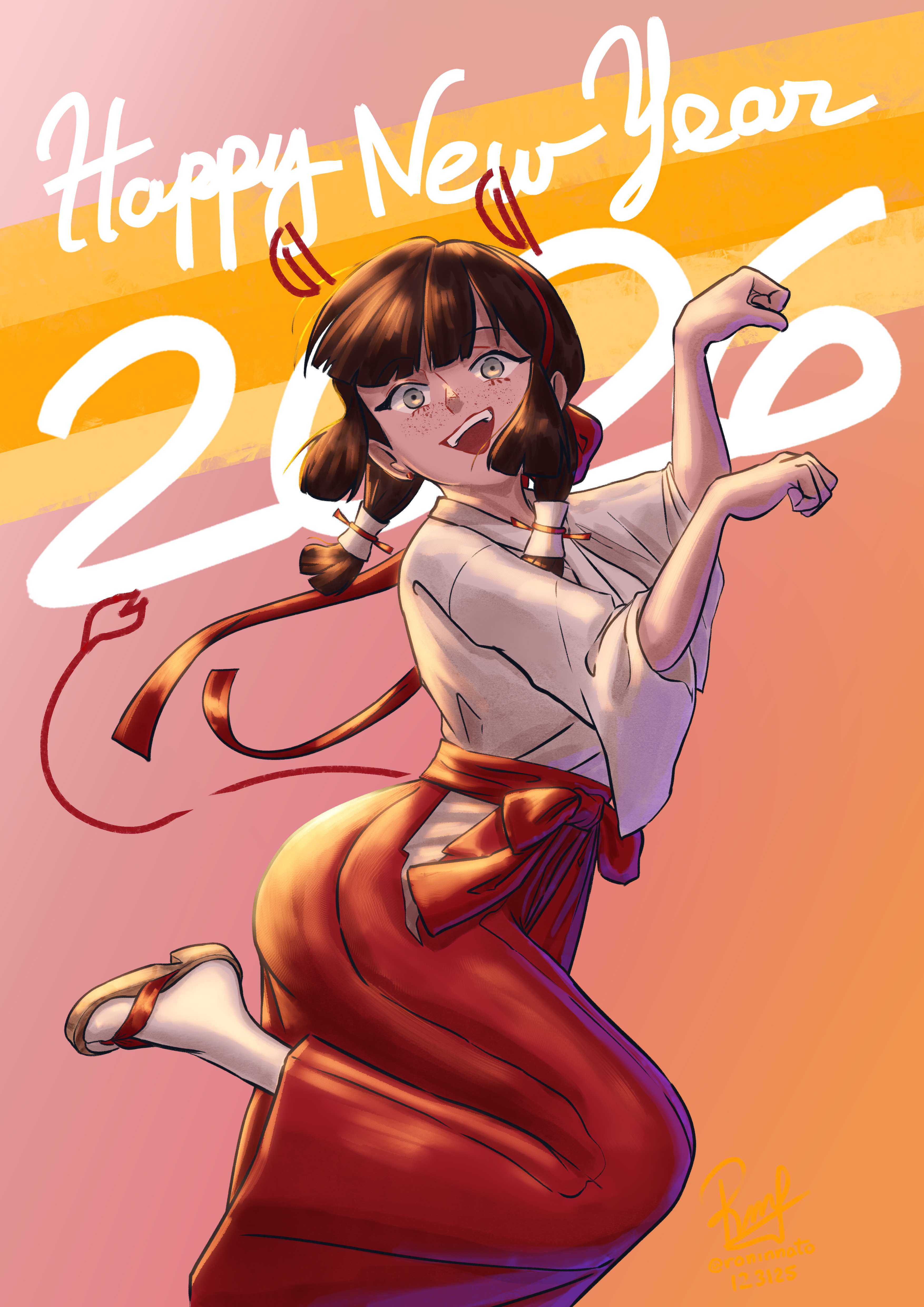 ron (pixiv83091338), mogador (kancolle), kantai collection, absurdres, commentary, english commentary, highres, 1girl, 2026, breasts, brown hair, green eyes, hair ribbon, hakama, happy new year, japanese clothes, kimono, long hair, looking at viewer, mogador (miko) (kancolle), new year, official alternate costume, official alternate hairstyle, open mouth, red hakama, ribbon, sidelocks, small breasts, twintails, white kimono