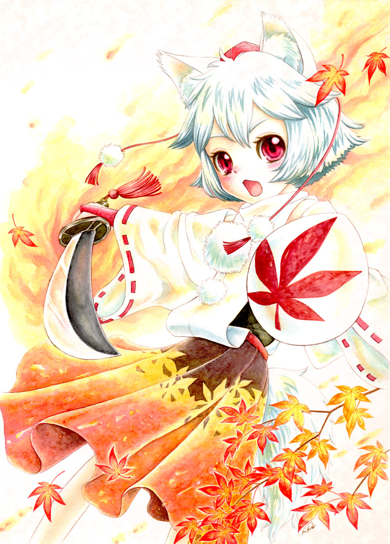 kawamura kou, inubashiri momiji, touhou, silver hair, 1girl, animal ears, female focus, hat, red eyes, shield, short hair, solo, standing, sword, tail, tokin hat, weapon, wolf ears, wolf tail