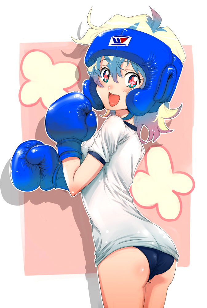 boyaking, nia teppelin, tengen toppa gurren lagann, + +, 00s, 1girl, :d, ass, boxing gloves, boxing headgear, buruma, cross-shaped pupils, female focus, flat chest, gym uniform, looking back, multicolored hair, open mouth, short hair, smile, solo, symbol-shaped pupils