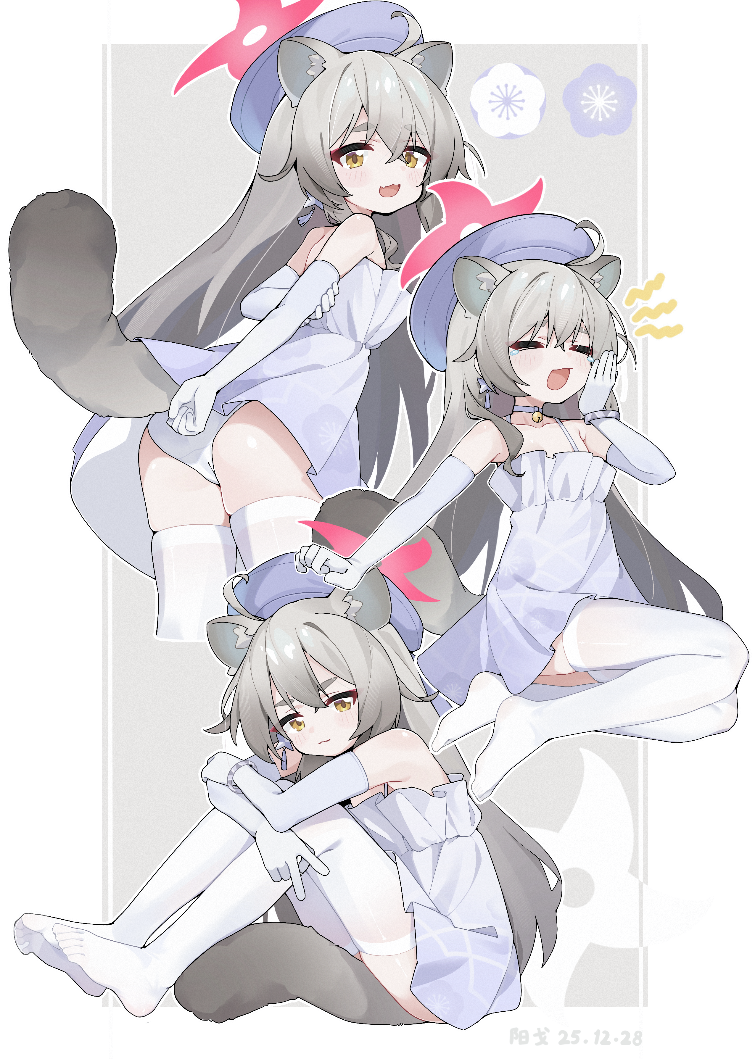 yangge, michiru (blue archive), michiru (dress) (blue archive), blue archive, absurdres, commentary request, highres, 1girl, animal ears, ass, dress, elbow gloves, gloves, grey hair, halo, hat, long hair, multiple views, official alternate costume, panties, raccoon ears, raccoon girl, raccoon tail, tail, thighhighs, underwear, white thighhighs