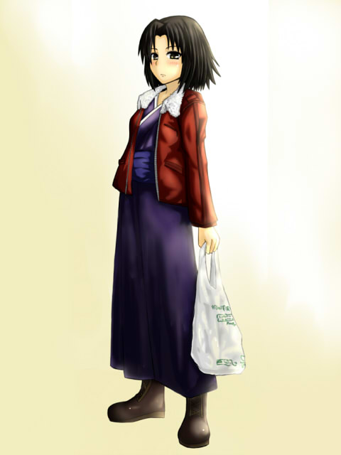 ryougi shiki, kara no kyoukai, black hair, jacket, japanese clothes, kimono, red jacket, short hair, solo