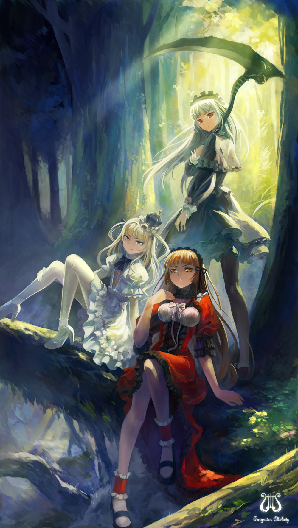 ldld2, clotho (eternita), proserpina (eternita), pyrra, eternita, highres, 3girls, ankle garter, blonde hair, blunt bangs, brown hair, capelet, crown, dress, forest, frills, gothic lolita, hairband, high heels, hime cut, lolita fashion, lolita hairband, long hair, mary janes, multiple girls, nature, pantyhose, scythe, shoes, tree, weapon, white hair