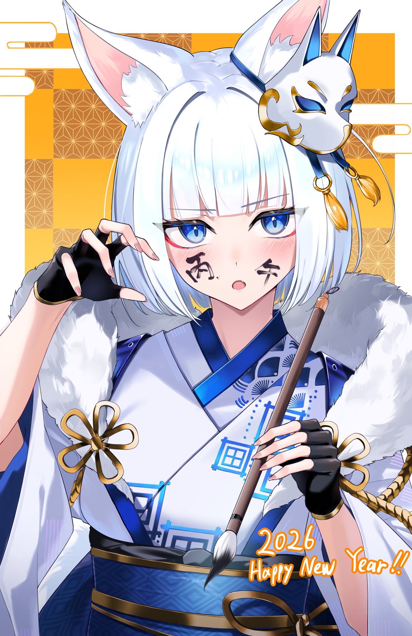 rubisco, kaga (azur lane), azur lane, commentary request, highres, 2026, animal ears, blue eyes, blue kimono, blush, calligraphy brush, fingerless gloves, fox ears, fox mask, fur trim, gloves, happy new year, japanese clothes, kimono, mask, mask on head, new year, open mouth, paintbrush, short hair, white hair