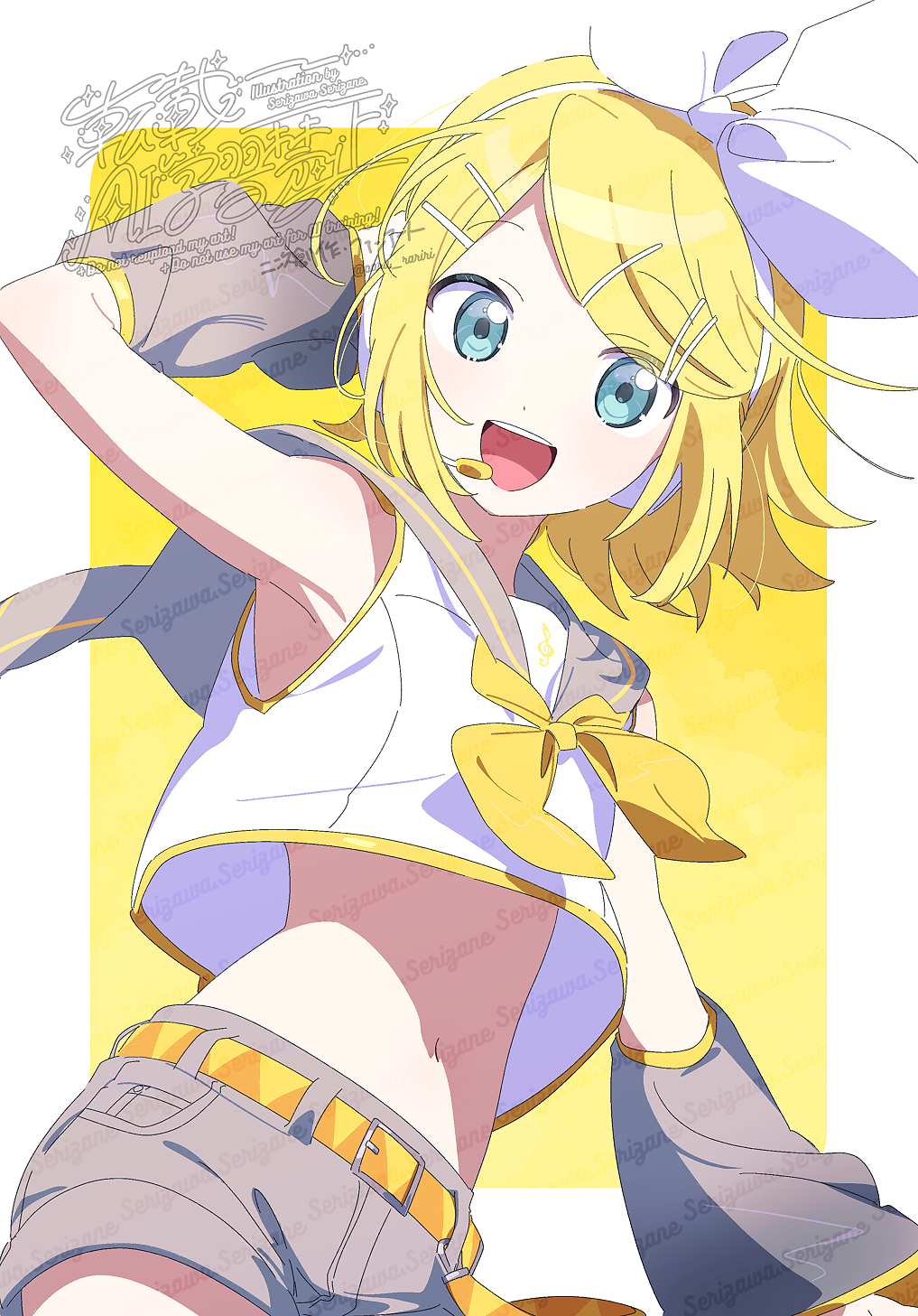serizawa serizane, kagamine rin, vocaloid, highres, 1girl, arm behind head, belt, blonde hair, blue eyes, border, bow, bow hairband, grey sailor collar, grey shorts, hair ornament, hairband, hairclip, headset, looking at viewer, midriff, navel, neckerchief, open mouth, outside border, sailor collar, shirt, short hair, short shorts, shorts, sleeveless, sleeveless shirt, solo, teeth, upper teeth only, white border, white bow, white shirt, yellow background, yellow belt, yellow neckerchief