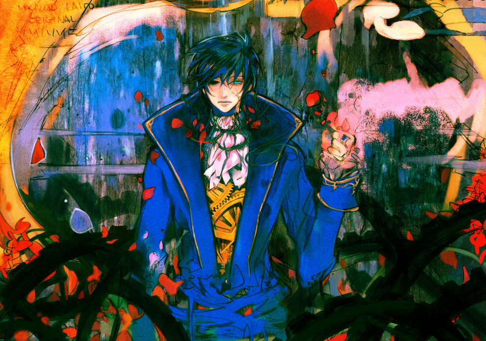 shamra, kaito (vocaloid), hai wa hai ni (vocaloid), vocaloid, bad id, bad pixiv id, 1boy, black eyes, blue eyes, blue hair, coat, gears, heterochromia, male focus, matching hair/eyes, petals, solo