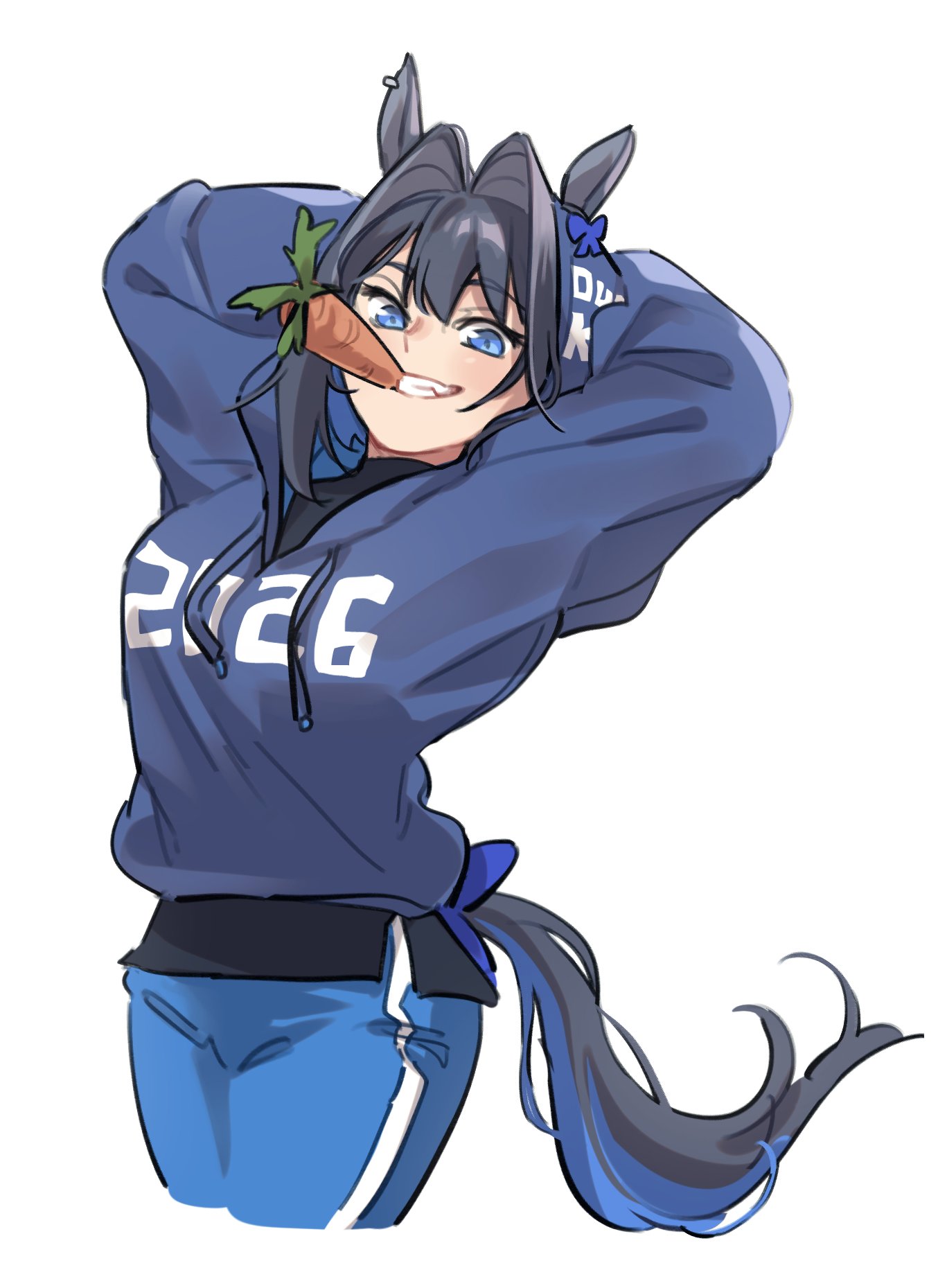 anco (platanity), ouro kronii, hololive, hololive english, umamusume, highres, 1girl, 2026, animal ears, arms behind head, black hair, blue bow, blue eyes, blue hoodie, blue pants, bow, carrot, earrings, eating, hood, hoodie, horse ears, jewelry, multicolored tail, pants, single earring, smile, solo, tail, workout clothes