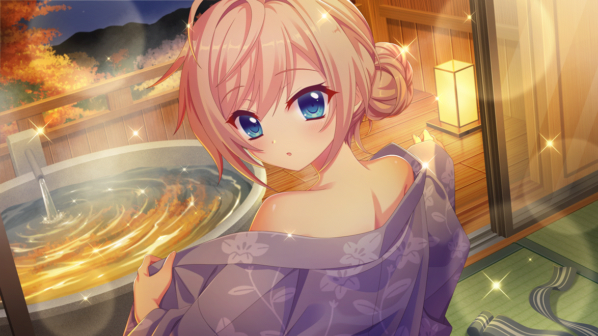 izumi tsubasu, himura nagisa, re:stage!, game cg, non-web source, official art, 1girl, :o, ahoge, alternate hairstyle, autumn, balcony, bare shoulders, bathtub, black sash, blue eyes, blue sky, blush, dot nose, dutch angle, film grain, floral print, floral print kimono, from behind, glass door, hair bun, hair up, indoors, japanese clothes, kimono, lantern, lens flare, looking at viewer, looking back, mountainous horizon, night, obi, off shoulder, open clothes, open kimono, parted lips, pink hair, print kimono, purple kimono, ripples, sash, short hair, sidelocks, single hair bun, sky, sliding doors, solo, sparkle, striped sash, tatami, tree, undressing, upper body, water, wooden floor, yukata