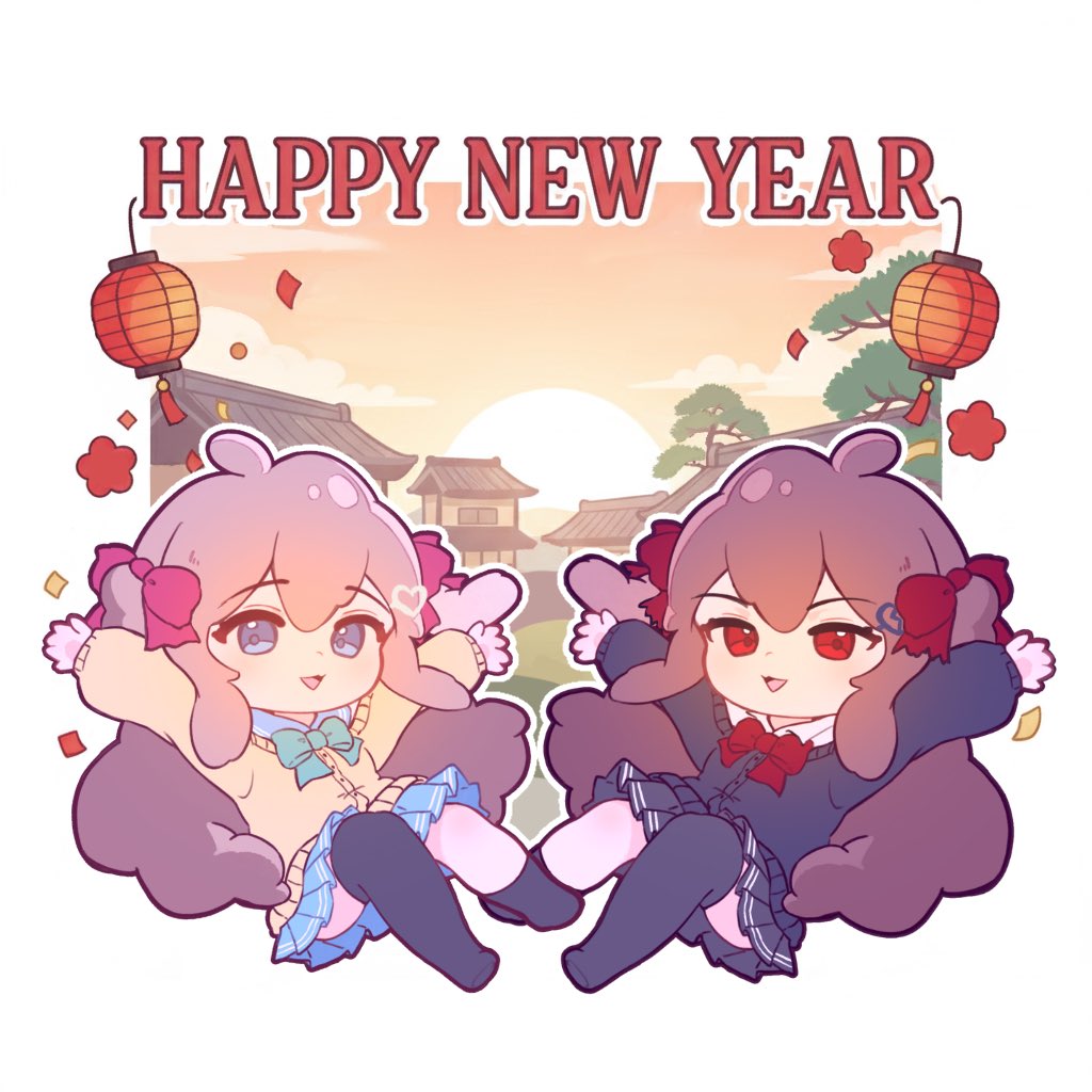 kasoke308, evil neuro-sama, neuro-sama, vedal ai, hashtag-only commentary, 2girls, :d, ahoge, aqua bow, aqua bowtie, architecture, asymmetrical legwear, black cardigan, black skirt, black thighhighs, blue eyes, blue sailor collar, blue skirt, border, bow, bowtie, broken heart, broken heart hair ornament, brown hair, cardigan, chibi, chibi only, cloud, collared shirt, confetti, double-parted bangs, east asian architecture, hair between eyes, hair bow, hair ornament, happy new year, heart, heart hair ornament, lantern, long hair, long sleeves, miniskirt, multiple girls, new year, no shoes, open mouth, outdoors, outline, outstretched arms, paper lantern, pink bow, pleated skirt, red bow, red bowtie, red eyes, sailor collar, shirt, siblings, sisters, skirt, smile, sunset, thighhighs, tree, twins, two side up, uneven legwear, very long hair, virtual youtuber, white border, white outline, white shirt, yellow cardigan