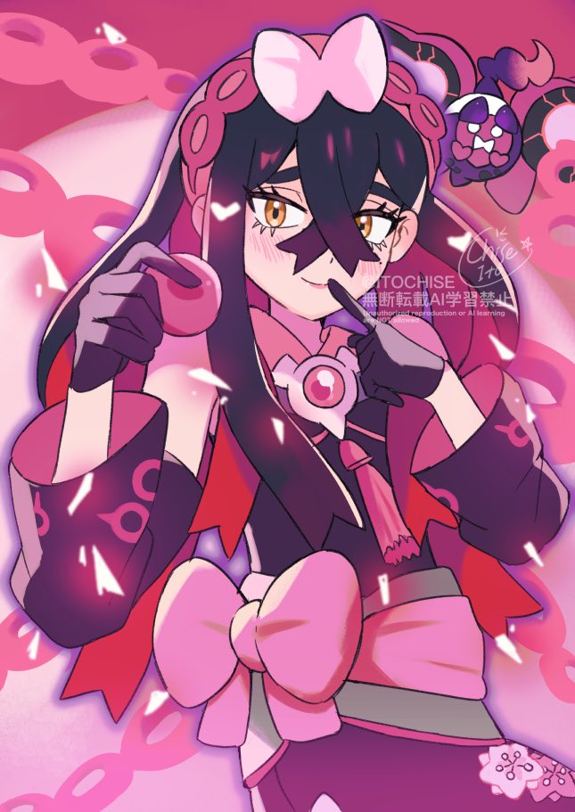 orange (orangelv20), carmine (pokemon), carmine (sygna suit) (pokemon), pecharunt, nintendo, pokemon, pokemon masters ex, commentary request, 1girl, artist name, black gloves, black hair, blush, closed mouth, colored inner hair, crossed bangs, detached sleeves, eyelashes, finger to mouth, food, gloves, hair between eyes, holding, holding food, japanese clothes, kimono, long sleeves, looking at viewer, mochi, mole, mole under eye, multicolored hair, official alternate costume, pokemon (creature), red hair, signature, smile, two-tone hair, yellow eyes