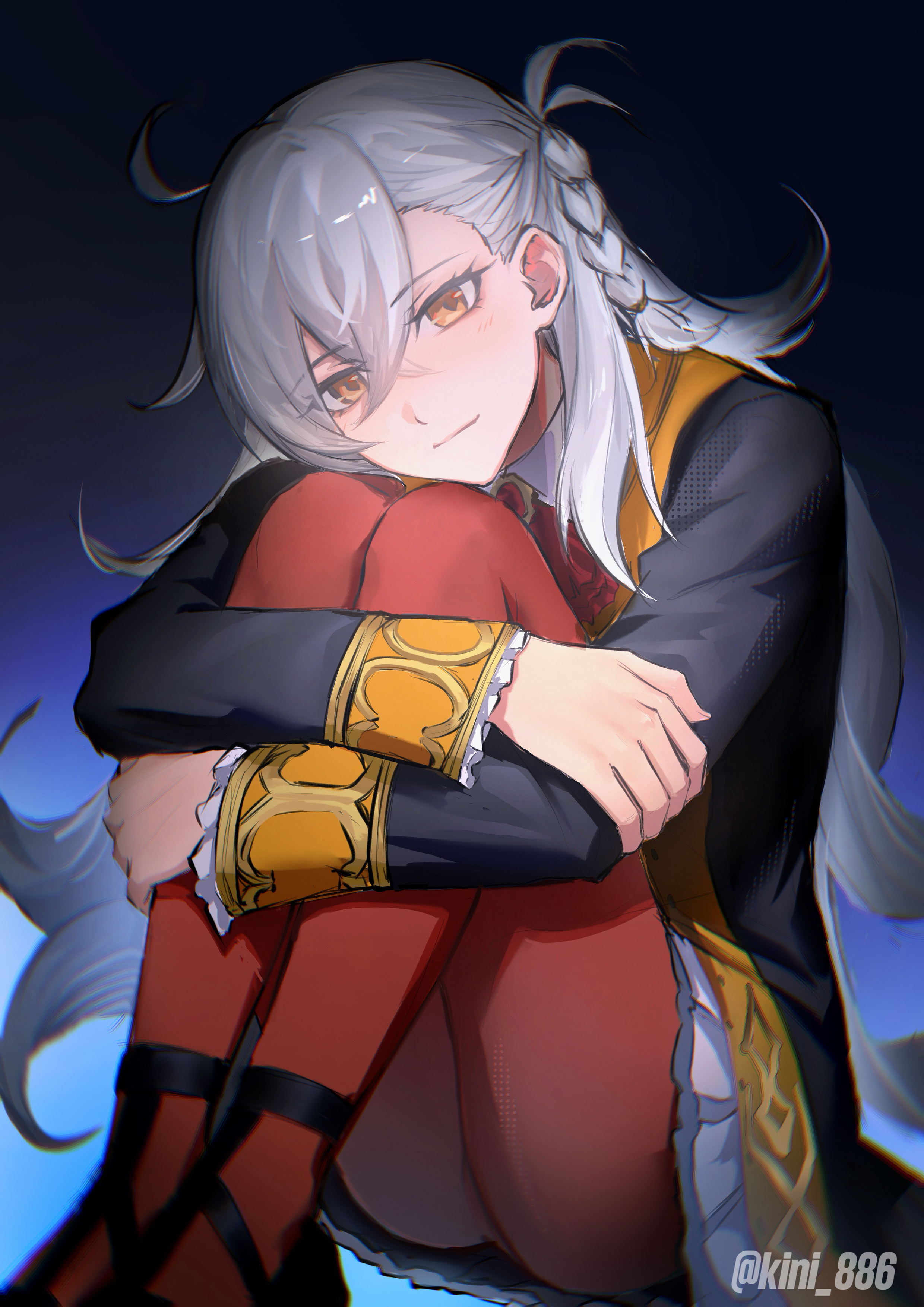 mroaridnryed alter, olga marie animusphere, fate/grand order, fate (series), absurdres, commentary, highres, 1girl, ahoge, ascot, blush, braid, closed mouth, full body, hair between eyes, hugging own legs, knees to chest, knees up, legs together, long hair, long sleeves, looking at viewer, orange eyes, orange pantyhose, pantyhose, red ascot, shoes, side braid, sitting, skirt, smile, solo, white hair