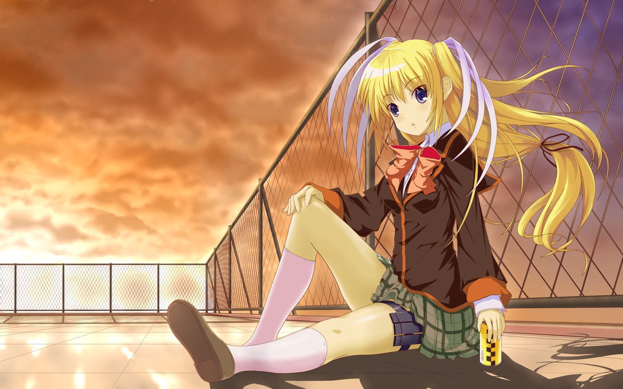 satou takeshi, tokido saya, little busters!, 1girl, blonde hair, blue eyes, bow, can, chain-link fence, female focus, fence, full body, hair ornament, hair ribbon, holster, long hair, outdoors, ribbon, rooftop, school uniform, sitting, skirt, sky, solo, thigh holster, thigh strap