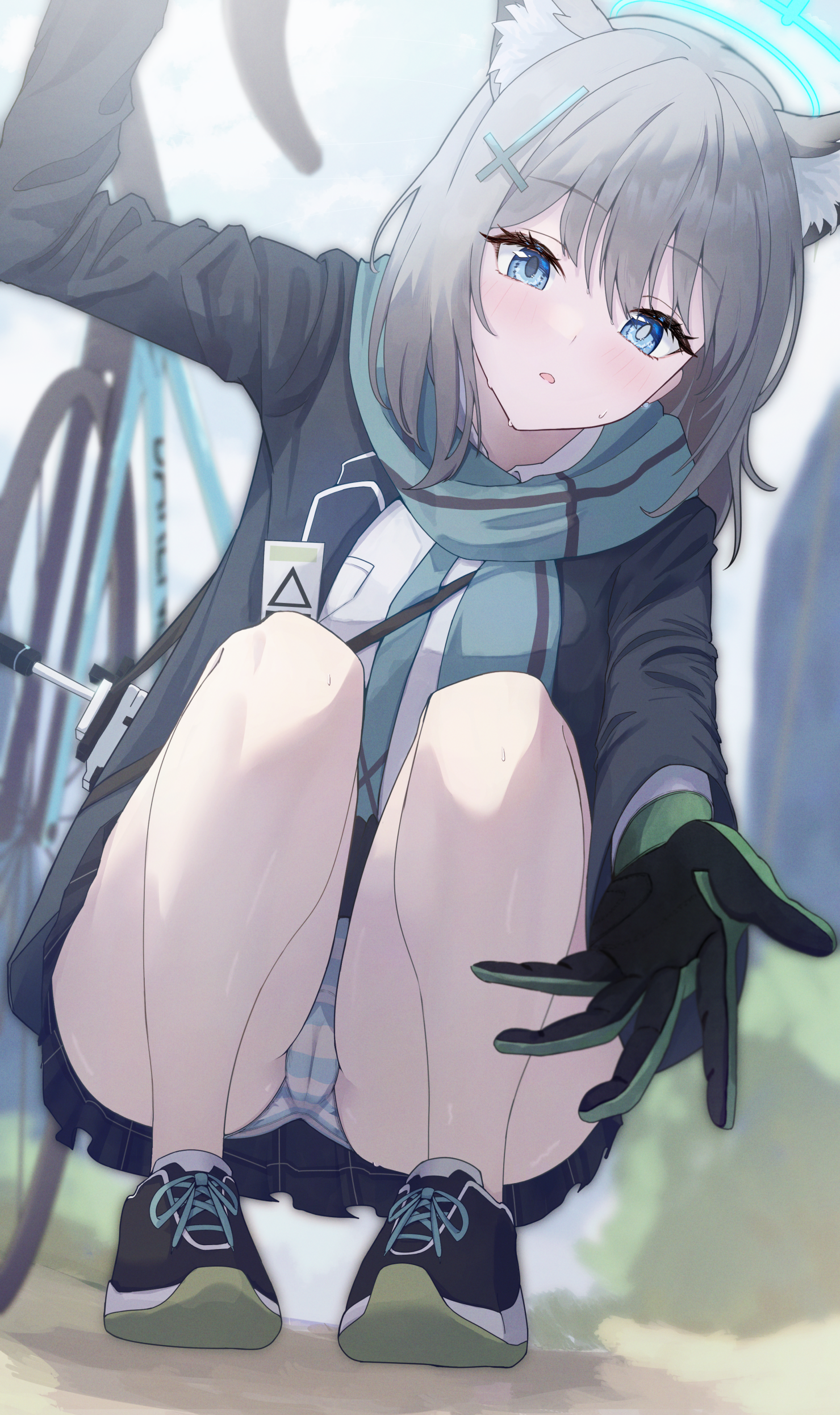 night known, shiroko (blue archive), blue archive, absurdres, commentary request, highres, 1girl, animal ear fluff, animal ears, assault rifle, bicycle, blue eyes, blue scarf, cameltoe, cross, cross hair ornament, extra ears, grey hair, gun, hair ornament, halo, inverted cross, looking at viewer, medium hair, mismatched pupils, panties, pantyshot, reaching, reaching towards viewer, rifle, scarf, shoes, sig sauer 556, solo, squatting, striped clothes, striped panties, sweat, underwear, weapon, wolf ears, wolf girl