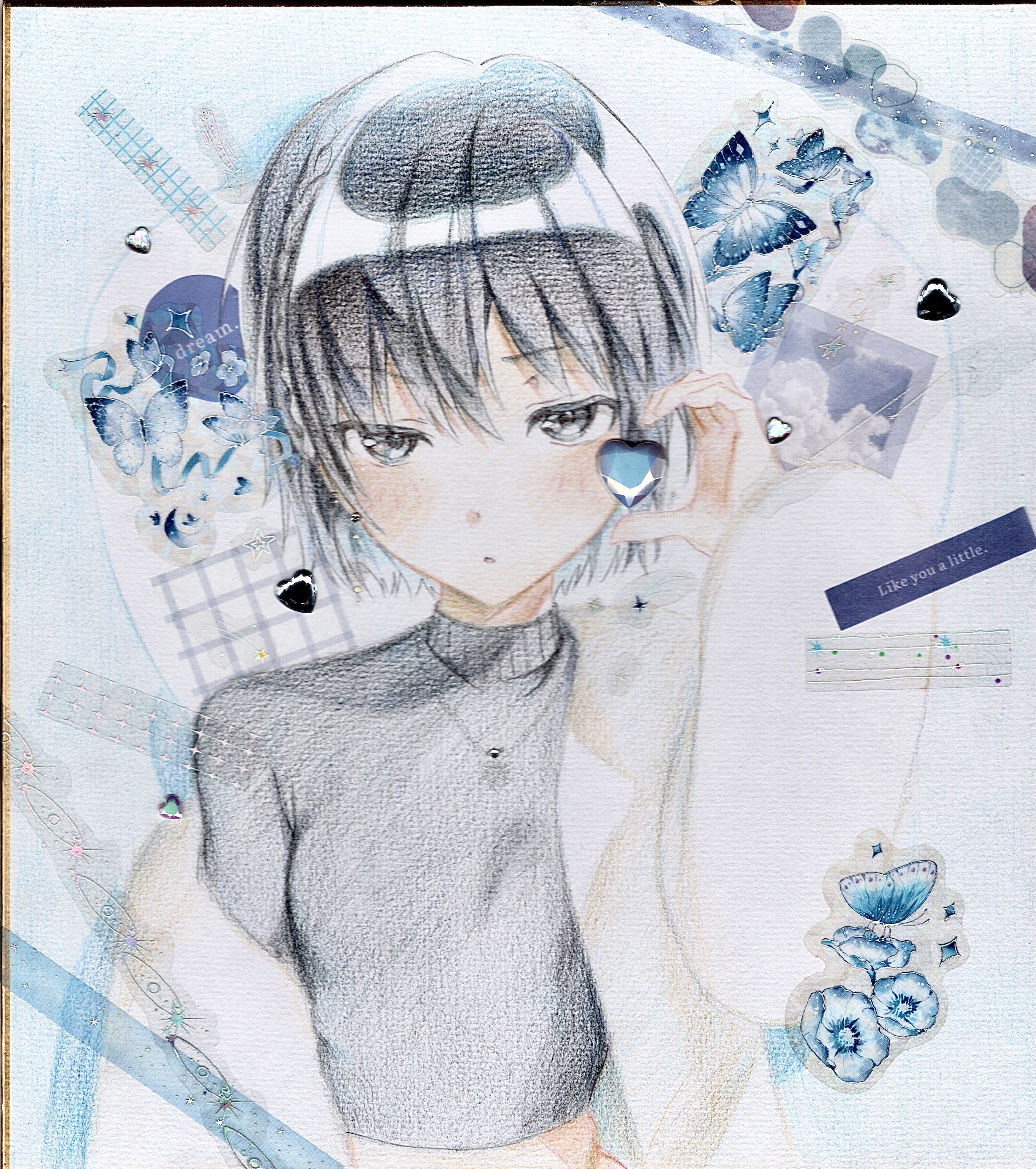 usurai rairai, nanasaki ai, amagami, absurdres, commentary request, highres, traditional media, 1girl, alternate costume, alternate hairstyle, black eyes, black hair, black sweater, blush, braid, closed mouth, earrings, fashion, half-heart hands, hand up, jacket, jewelry, long sleeves, looking at viewer, necklace, short hair, side braid, single off shoulder, solo, sweater, upper body, white jacket