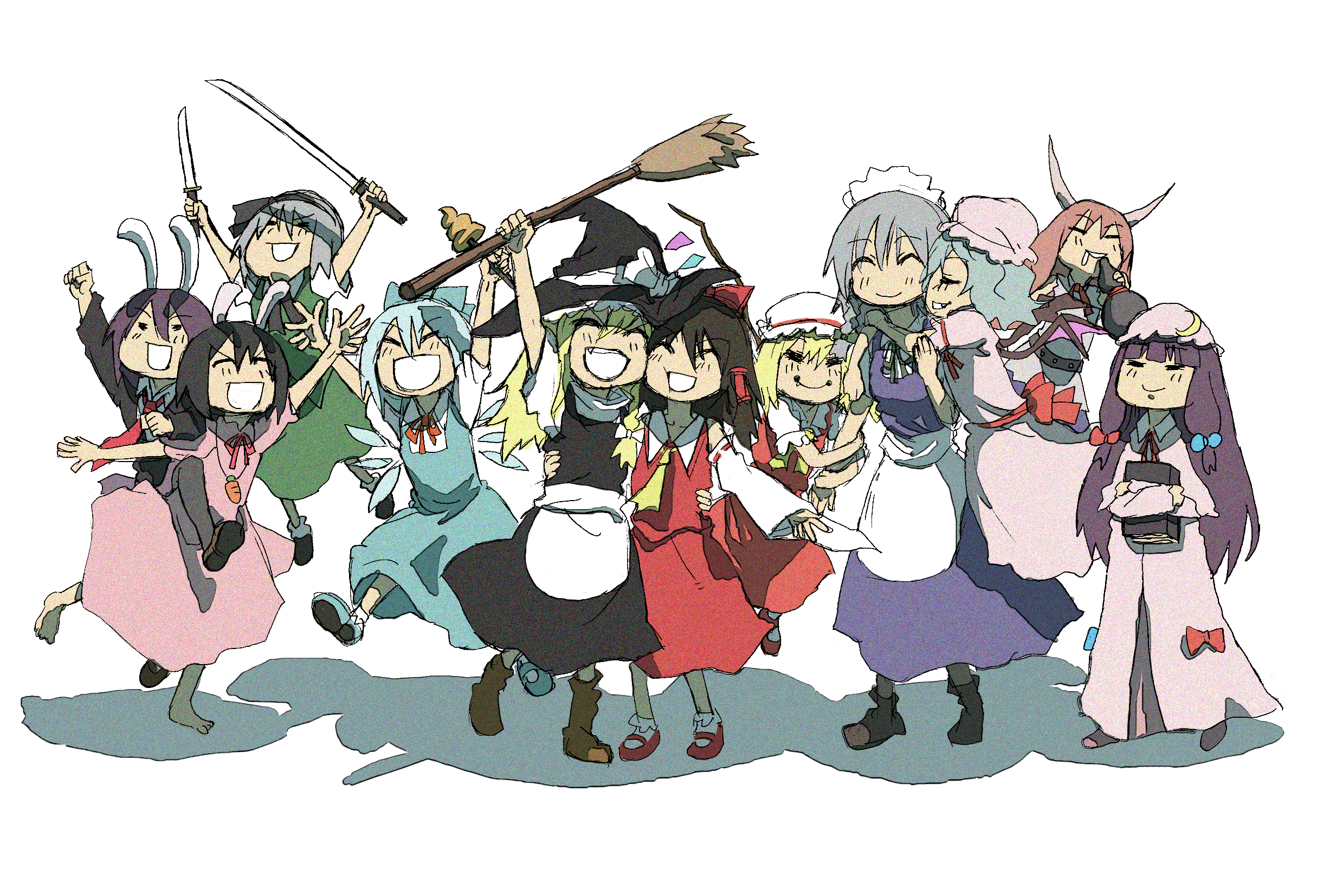 tokomichi, cirno, flandre scarlet, hakurei reimu, ibuki suika, inaba tewi, izayoi sakuya, kirisame marisa, konpaku youmu, patchouli knowledge, reisen udongein inaba, remilia scarlet, touhou, bad id, bad pixiv id, highres, 6+girls, book, broom, closed eyes, dress, happy, hat, hug, katana, multiple girls, ribbon, short hair, sword, weapon