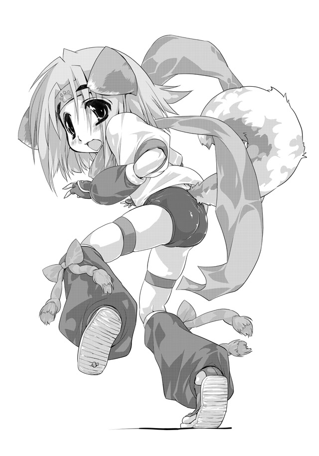 hairan, konoha (arcana heart), aq interactive, arcana heart, atlus, examu, animal ears, bow, buruma, dog ears, dog tail, greyscale, gym uniform, headband, monochrome, ninja, scarf, solo, tail