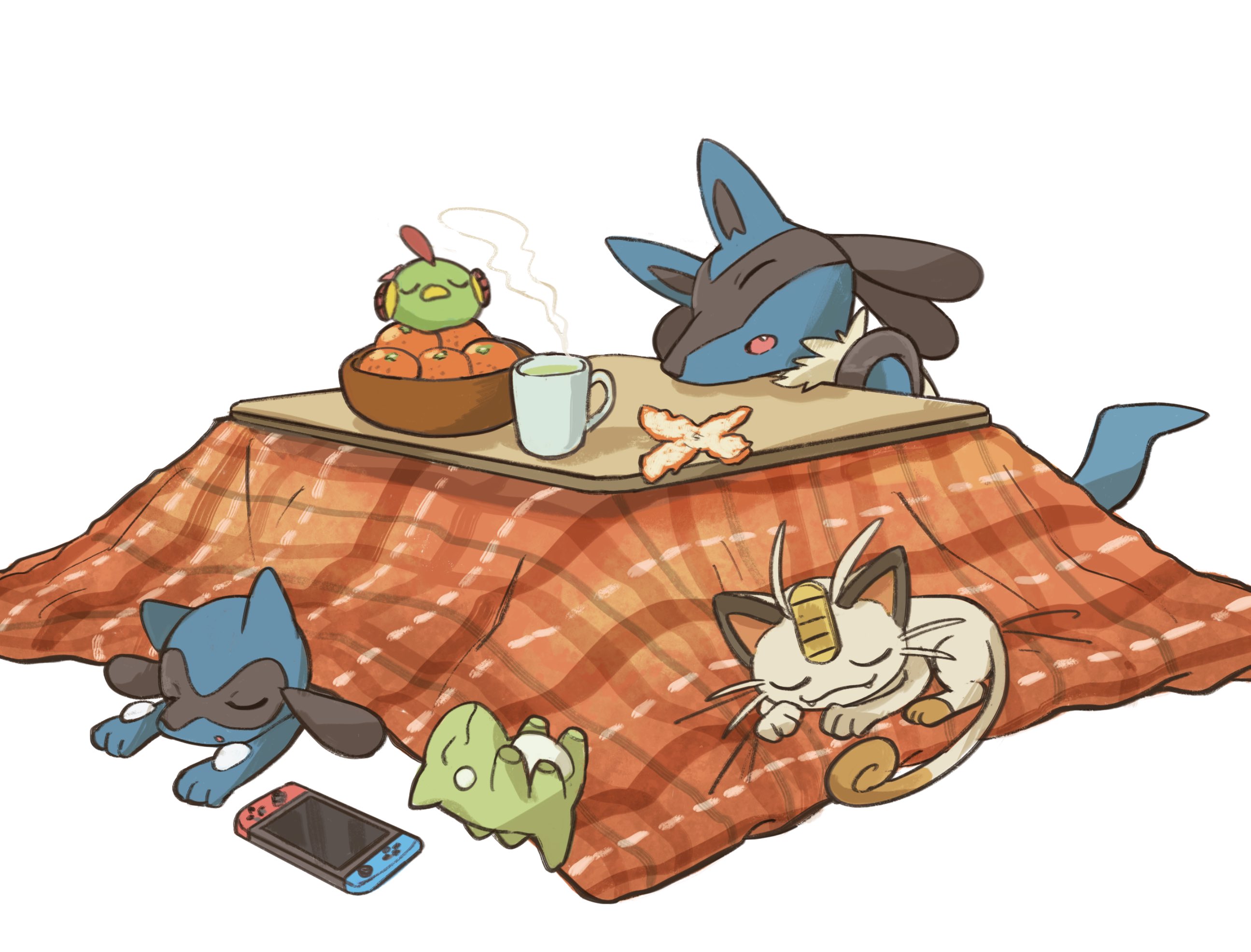 anzu (01010611), lucario, meowth, natu, riolu, nintendo, pokemon, commentary request, highres, :o, bowl, closed eyes, closed mouth, cup, fang, fangs, fangs out, food, fruit, gen 1 pokemon, gen 2 pokemon, gen 4 pokemon, kotatsu, lying, nintendo switch, open mouth, pokemon (creature), pokemon focus, sleeping, smile, steam, substitute (pokemon), table, u u