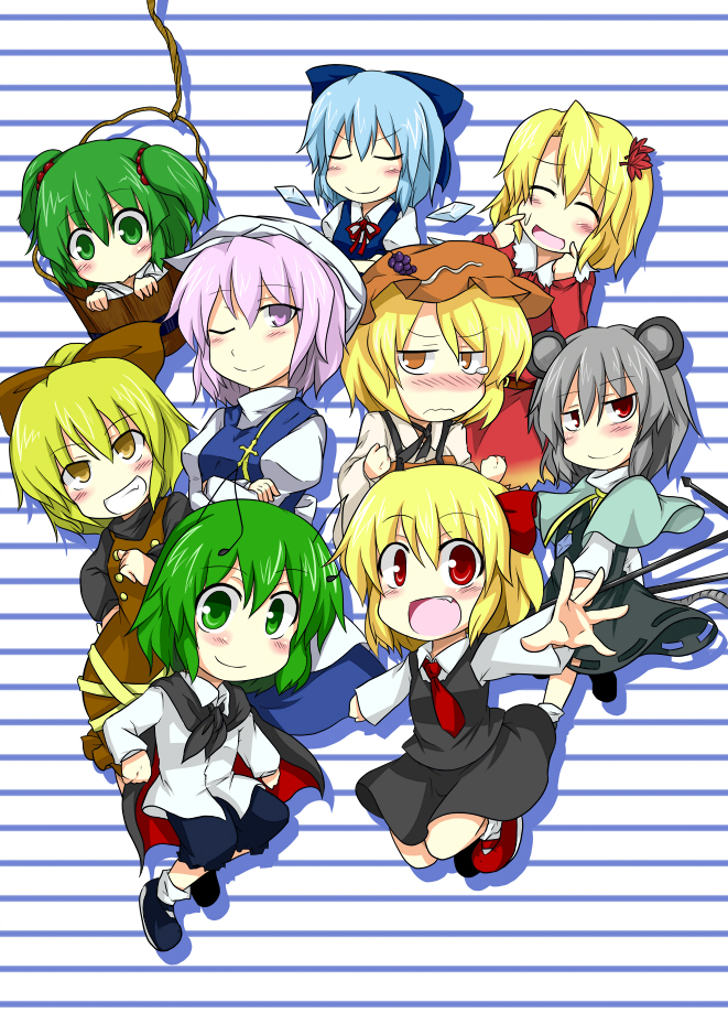 d-so, aki minoriko, aki shizuha, cirno, kisume, kurodani yamame, letty whiterock, nazrin, rumia, wriggle nightbug, touhou, bad id, bad pixiv id, 6+girls, animal ears, antennae, blonde hair, blue hair, blush, bucket, cape, chibi, fang, food, fruit, grapes, green hair, grey hair, in bucket, in container, jewelry, leaf, maple leaf, multiple girls, necktie, pendant, purple hair, red eyes, shawl, short hair, simple background, wings