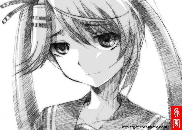 gofu, kirishima kotone, nyan koi!, traditional media, 00s, greyscale, head tilt, long hair, monochrome, school uniform, serafuku, sketch, solo, twintails