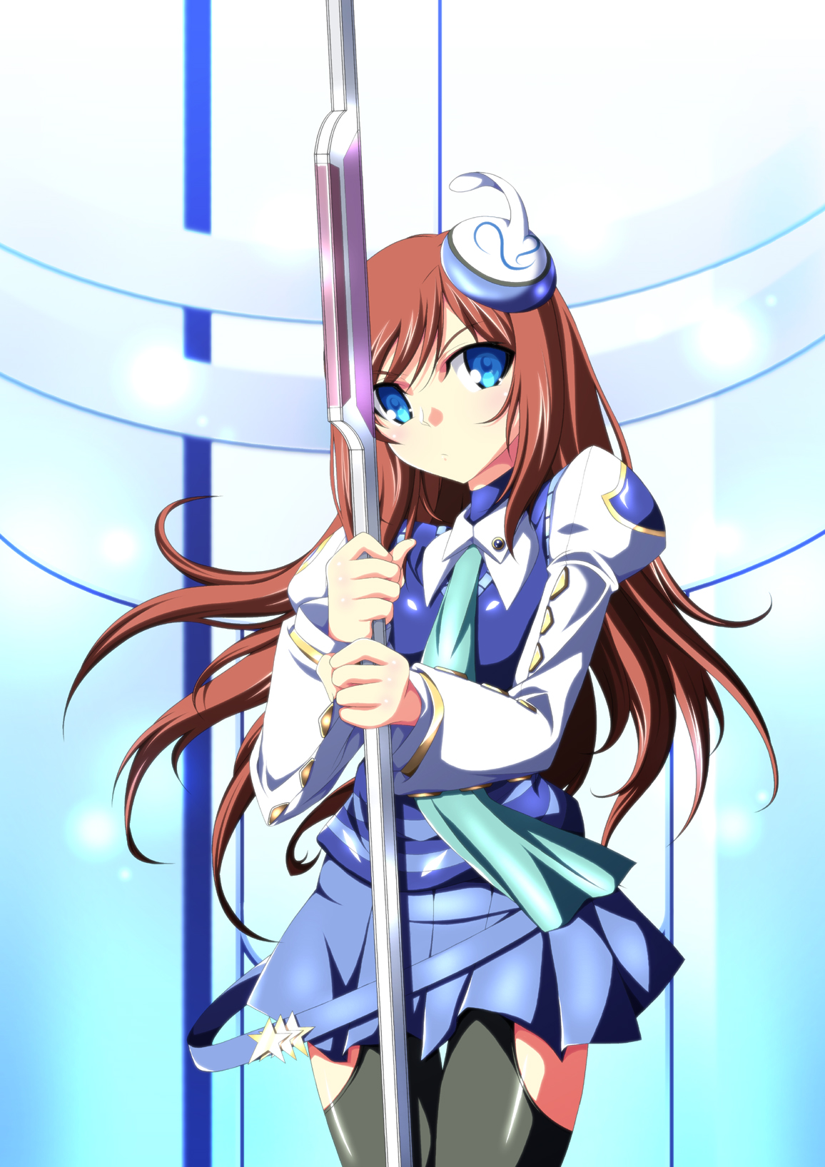 ka2, lumia waber, alfa system, phantasy star, phantasy star portable, phantasy star portable 2, uniform, highres, 1girl, blue eyes, brown hair, female focus, long hair, necktie, pole, skirt, solo, square-end necktie, staff, thighhighs