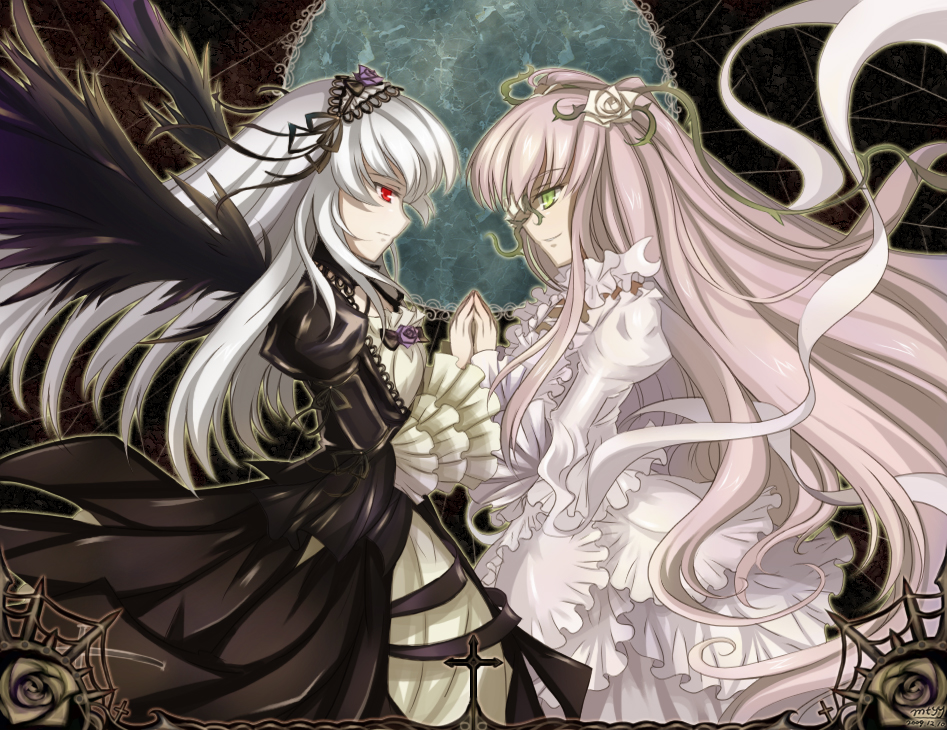 mtyy, kirakishou, suigintou, rozen maiden, silver hair, 00s, 2girls, dress, flower, frills, green eyes, hairband, holding hands, long hair, multiple girls, pink hair, red eyes, rose, very long hair, wings
