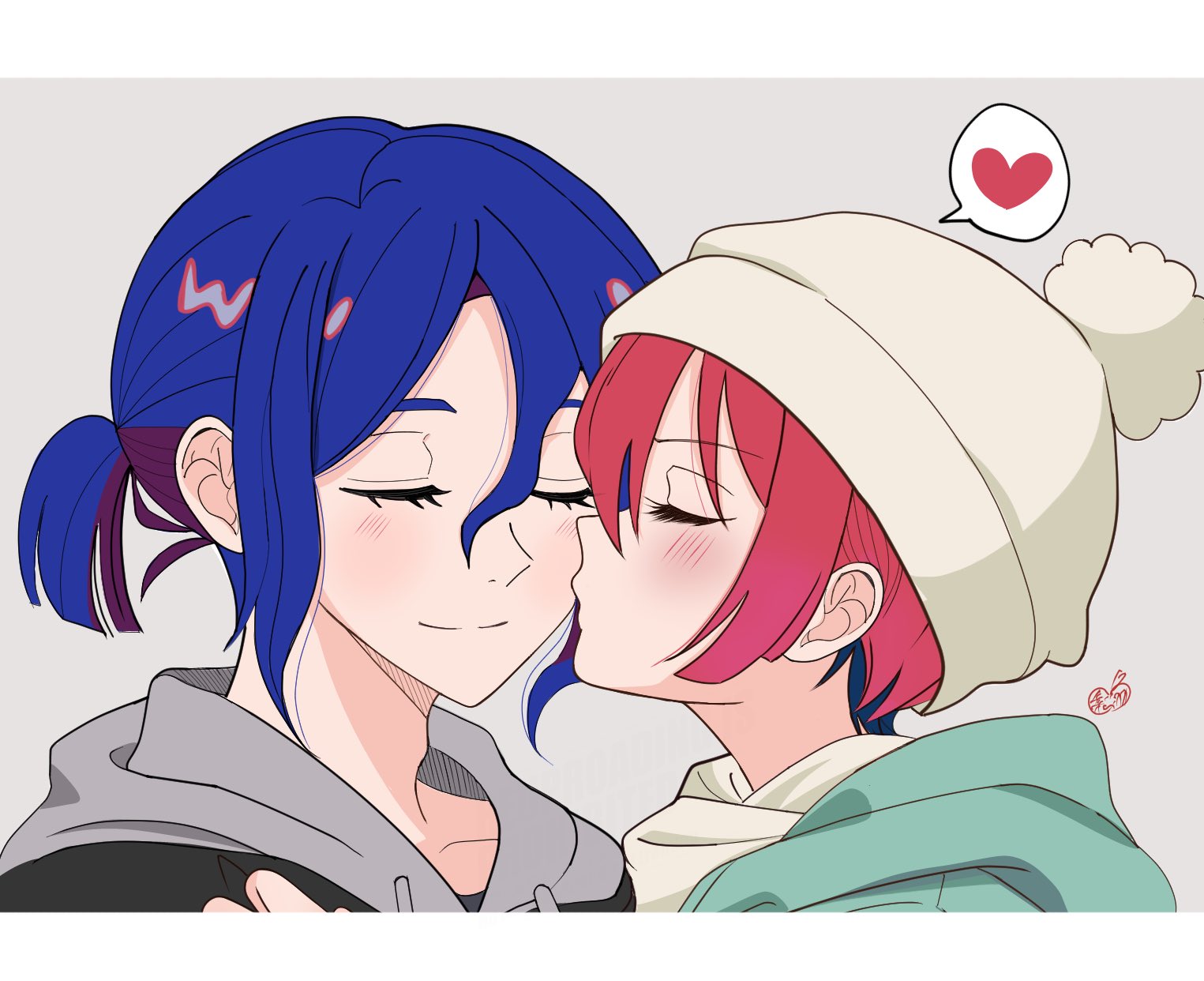 amate yuzuriha, shuji ito, gundam, gundam gquuuuuux, commentary request, highres, 1boy, 1girl, blue hair, blush, closed eyes, closed mouth, colored inner hair, couple, hat, heart, hetero, hood, hoodie, jyujyunashi, kiss, kissing cheek, long sleeves, multicolored hair, purple hair, red hair, scarf, shirt, short hair, simple background, smile, two-tone hair, zoom layer