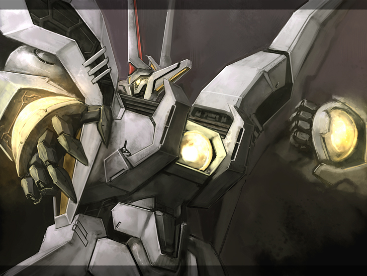 ra (pixiv120326), zeorymer, hades project zeorymer, armor, glowing, gradient background, letterboxed, mecha, no humans, robot, solo, upper body, yellow eyes, zeormyer