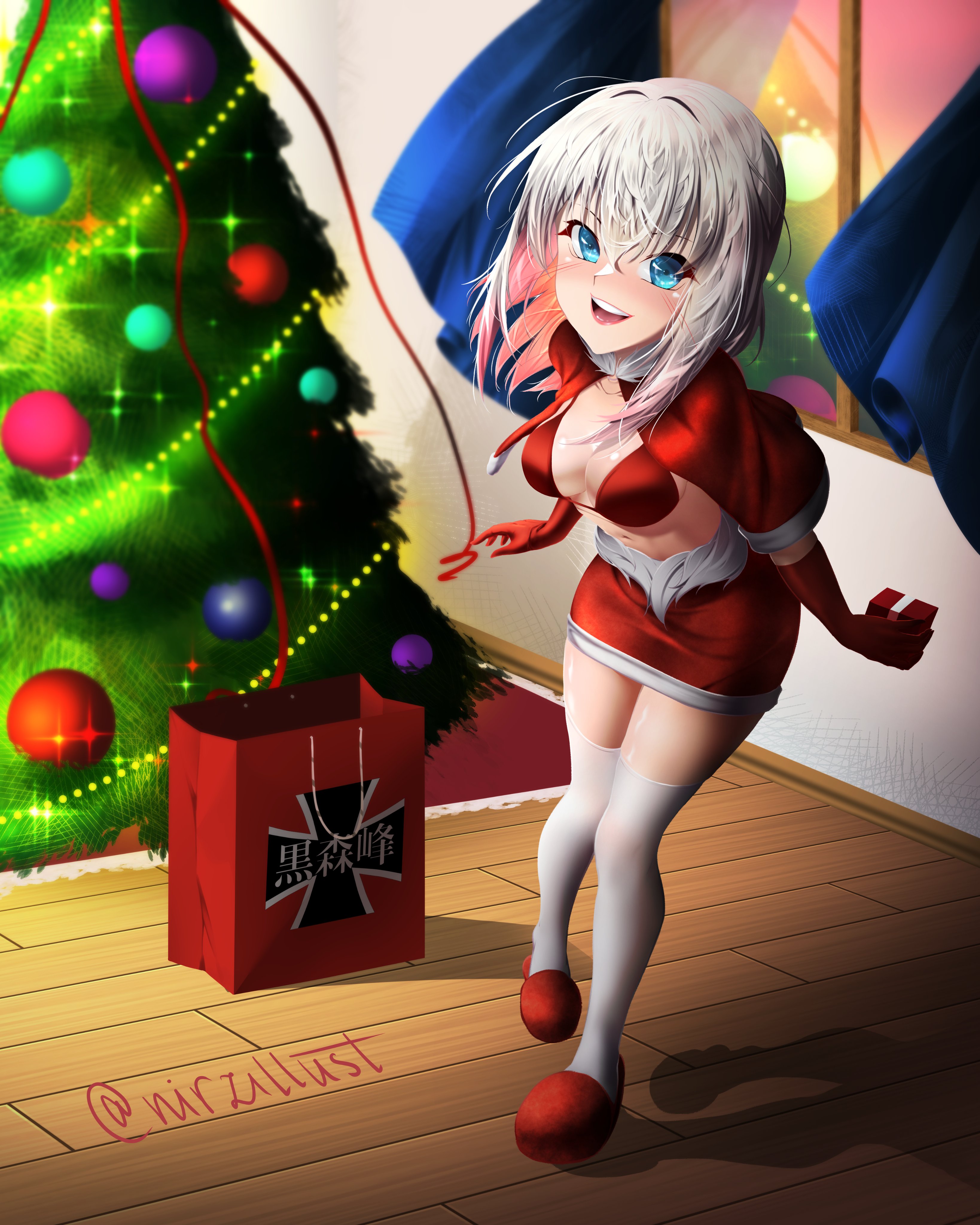 itsumi erika, girls und panzer, absurdres, highres, 1girl, :d, alternate costume, blue eyes, blush, box, breasts, breasts apart, capelet, christmas, christmas ornaments, christmas tree, curtains, dress, elbow gloves, emblem, fur-trimmed dress, fur trim, gift, gift bag, gift box, gloves, grey hair, hair between eyes, kuromorimine (emblem), leaning forward, long hair, medium breasts, navel, nirzillust, open mouth, red gloves, santa costume, shadow, slippers, smile, standing, standing on one leg, teeth, thighhighs, thighs, tongue, twitter username, upper teeth only, white thighhighs, window, wooden floor