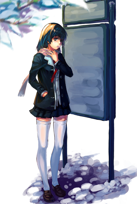 kishiyo, original, 1girl, breath, brown eyes, brown hair, coat, female focus, full body, hand in pocket, looking at viewer, outdoors, pleated skirt, scarf, school uniform, short hair, skindentation, skirt, solo, standing, thighhighs, white thighhighs, zettai ryouiki